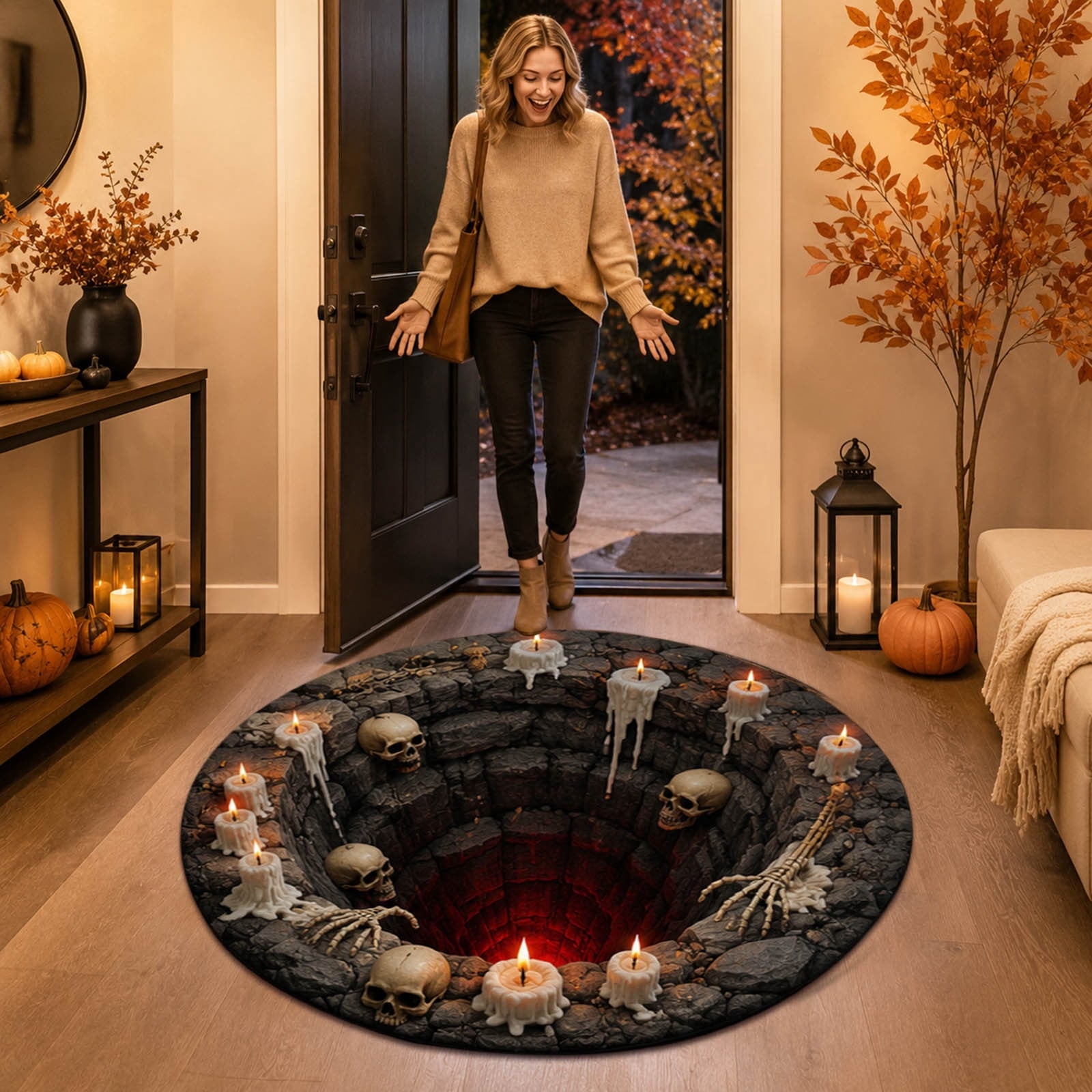 3D Illusion Halloween Round Rug, Non Printed Optical Vortex Doormat, Spooky Circular Floor Mat for Indoor Entryway Home Party Decor 60x60cm
