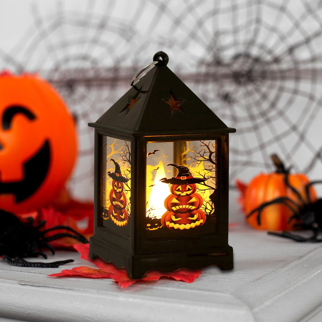 Halloween LED Lanterns with Spooky Skeleton, Owl, Bat, Castle & Flame Designs – Battery Operated Hanging Lights for Indoor/Outdoor Halloween Party Decor (C)