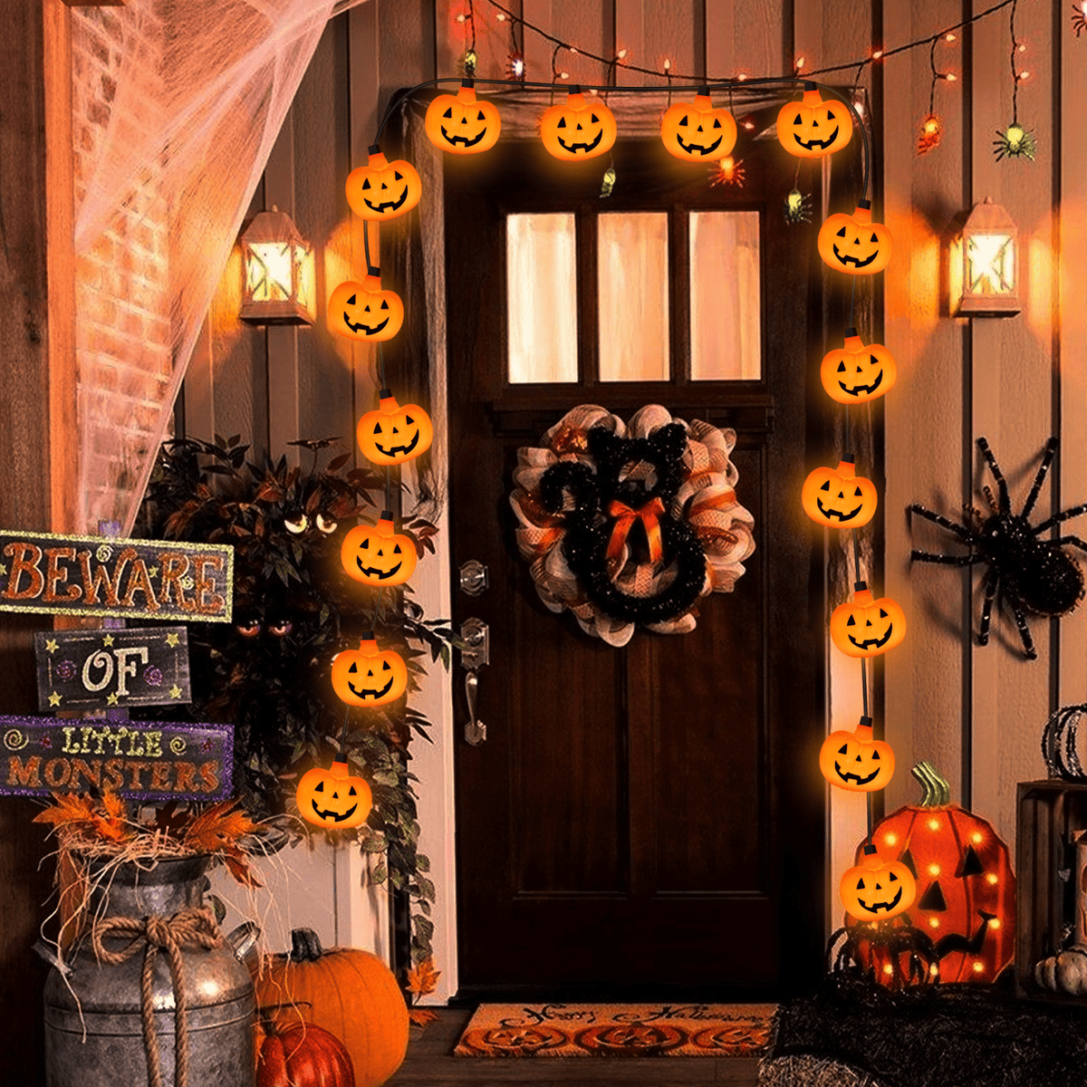 Halloween Pumpkin String Lights, 8.5Ft Outdoor Halloween Decorations Lights with 10 Jack-O-Lantern Lights, Hanging Pumpkin String Lights Party Patio Garden Window Decor