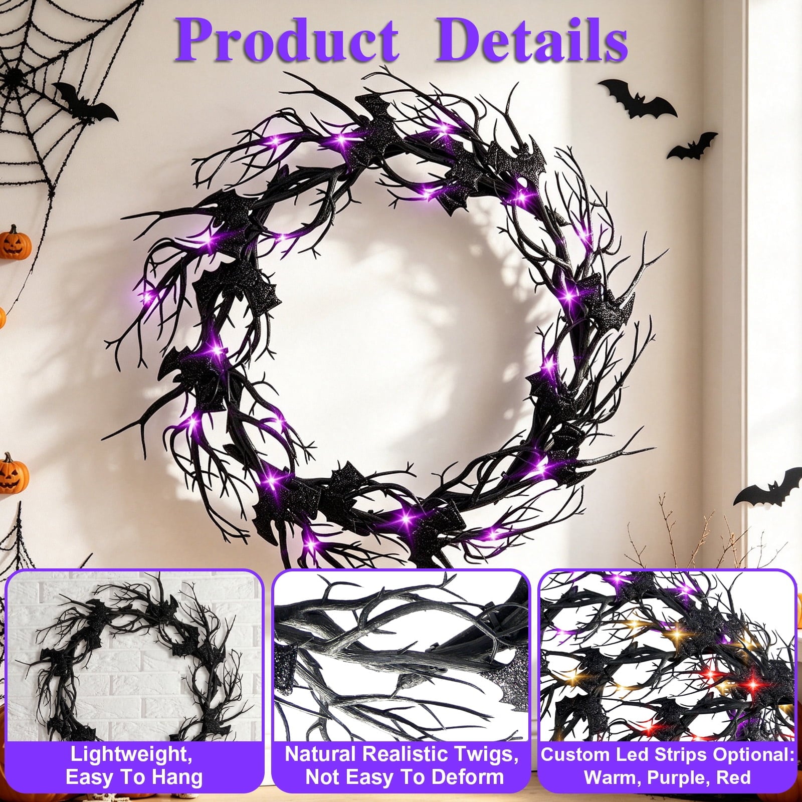 AGCAN 27 Inch Halloween Wreaths for Front Door, Unlit Halloween Wreaths with Witch Hat & Legs, Halloween Decorations for Home, Porch, Window, Indoor, Wall Decor