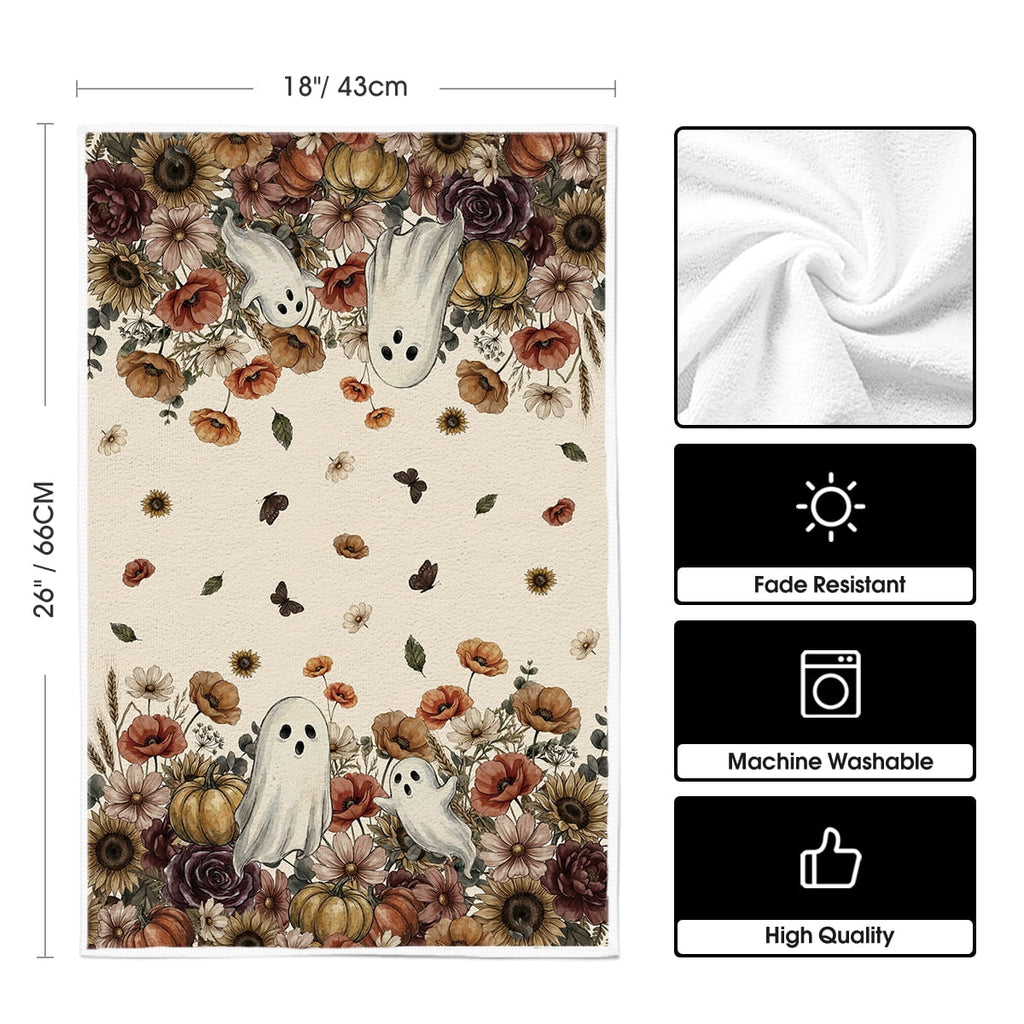 Sm:)e Ghost Pumpkins Bats Floral Spooky Halloween Kitchen Towels Dish Towels, 18x26 Inch Jack-O'-Lantern Decoration Hand Towels Set of 2