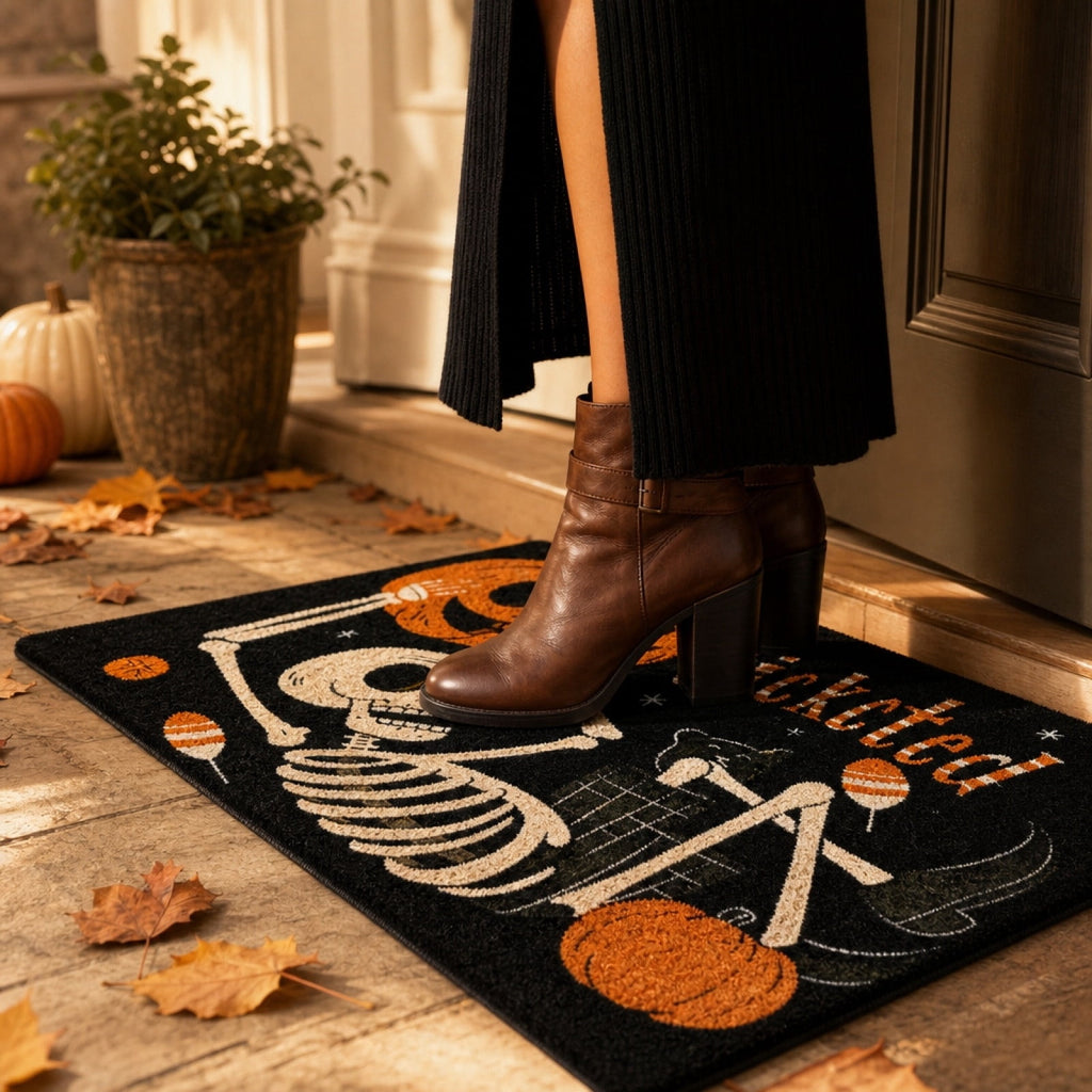 Halloween Ghost Dog Door Mat, Outdoor Coir Entrance Mat for Porch, Spooky Decor for Home Outdoor Entryway Black