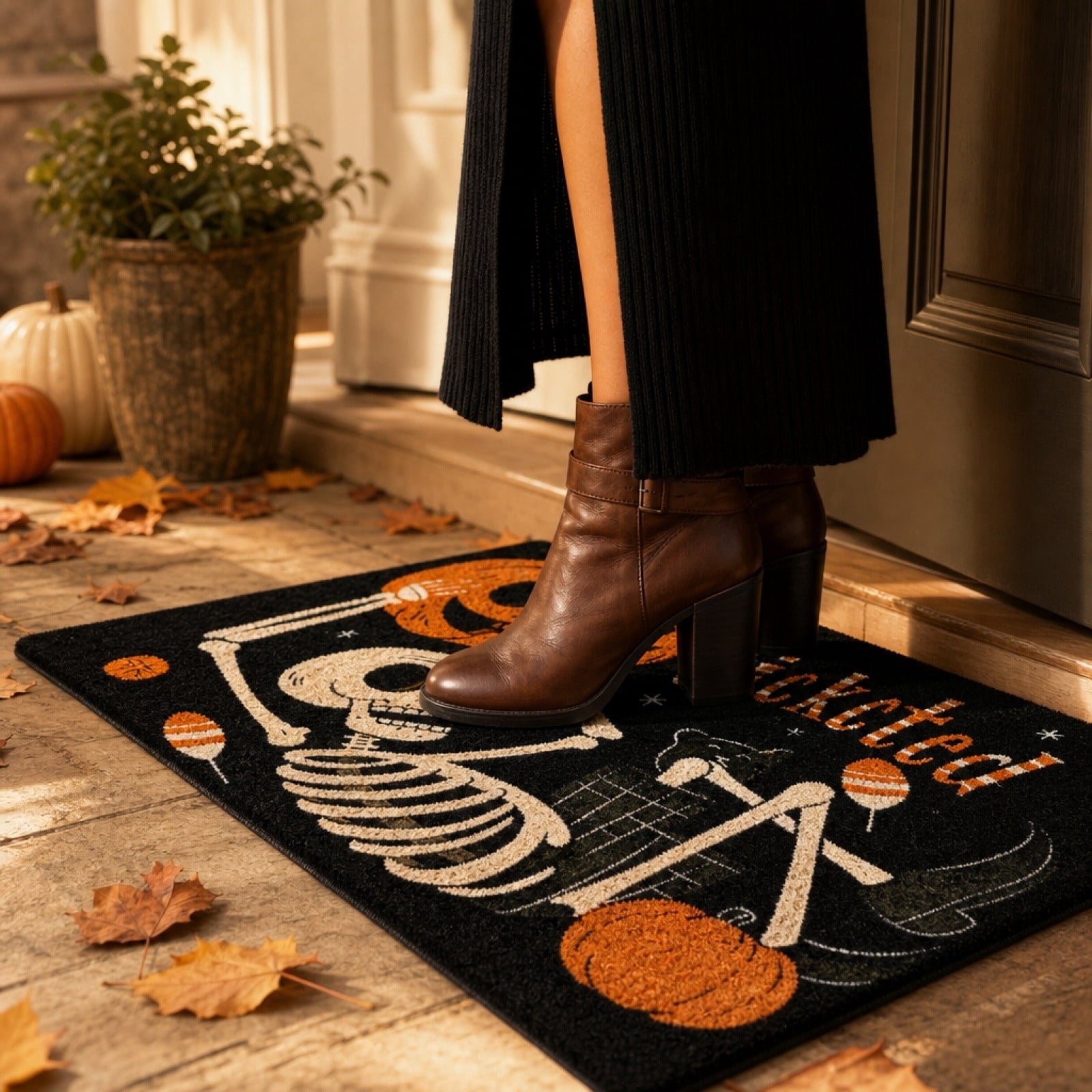 Halloween Ghost Dog Door Mat, Outdoor Coir Entrance Mat for Porch, Spooky Decor for Home Outdoor Entryway Black