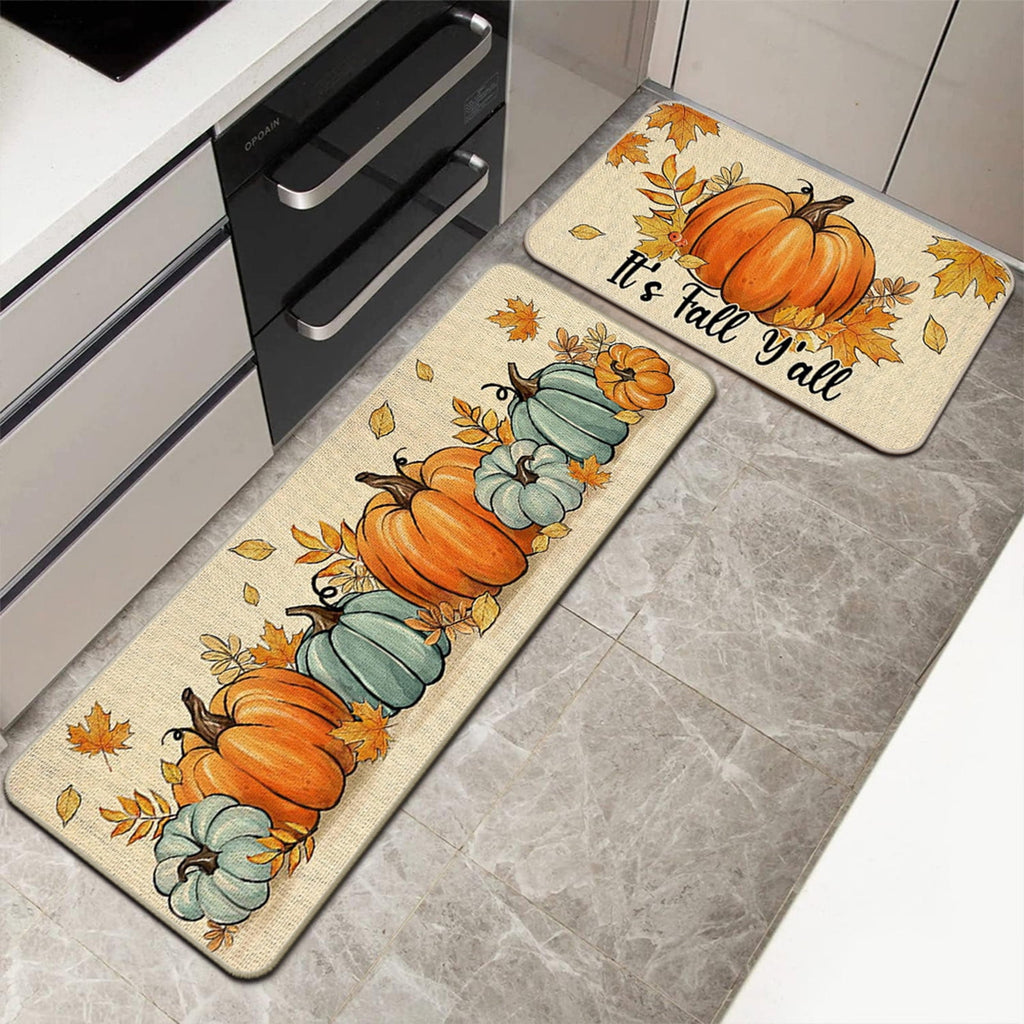 Decorative Kitchen Floor Mats Set of Two, Fall Theme Pumpkin Turkey Pattern Kitchen Rugs and Mats for Outdoor Indoor Kitchen Decor Halloween Thanksgiving Non-Slip Doormat