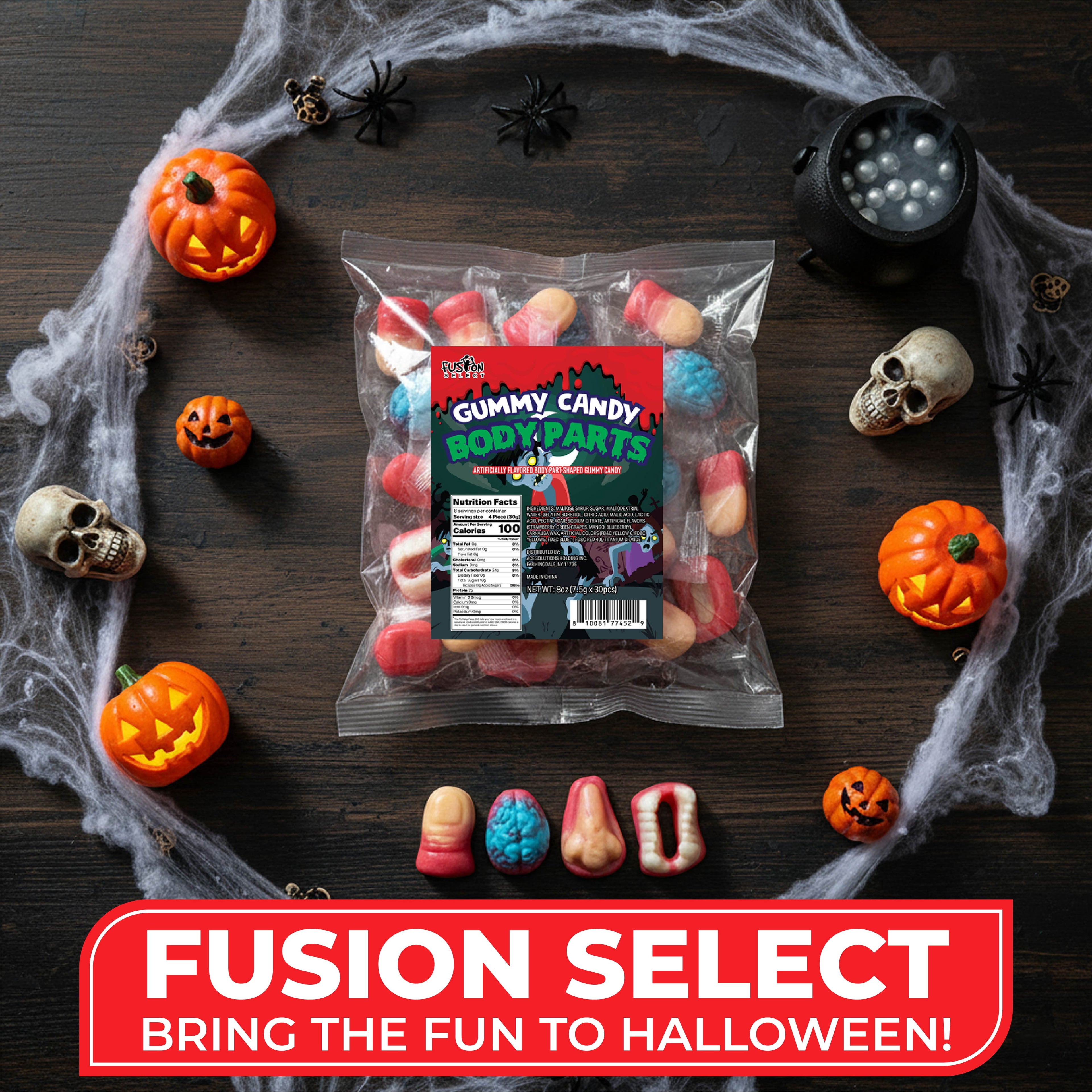 Fusion Select 8 Oz Individually Wrapped Gummy Body Parts Candy - Halloween Gummies & Trick or Treat Candy for Party & Goodie Bags - Spooky Assortment of Brain, Teeth, Fingers & Nose Candies