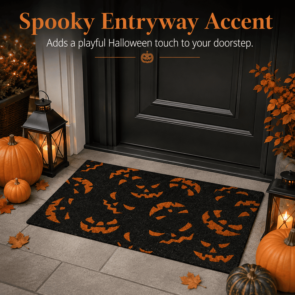 Doormat with Black and Orange Pumpkin Face Pattern, Durable Fiber Material for Outdoor Porch Front Door, Festive Halloween Decor,40 x 60 cm