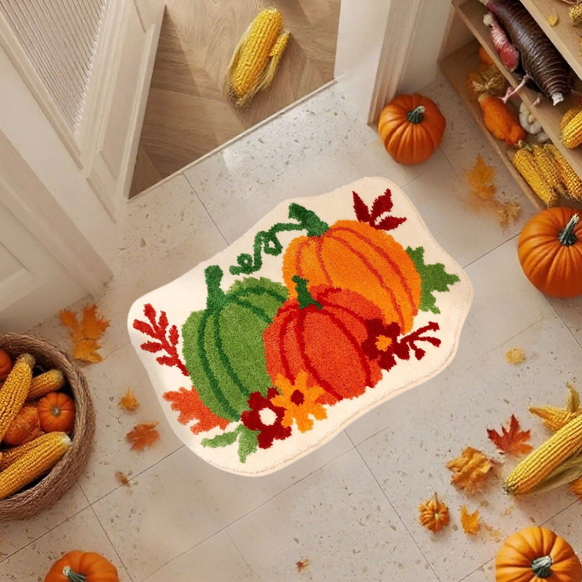 Fall Bathroom Rug Cute Pumpkin Shape Bath Mat Autumn Orange Non Slip Shower Rugs Foot Mat Front Door Mat Carpet Floor Rug for Kitchen Bedroom Living Room Family Decor