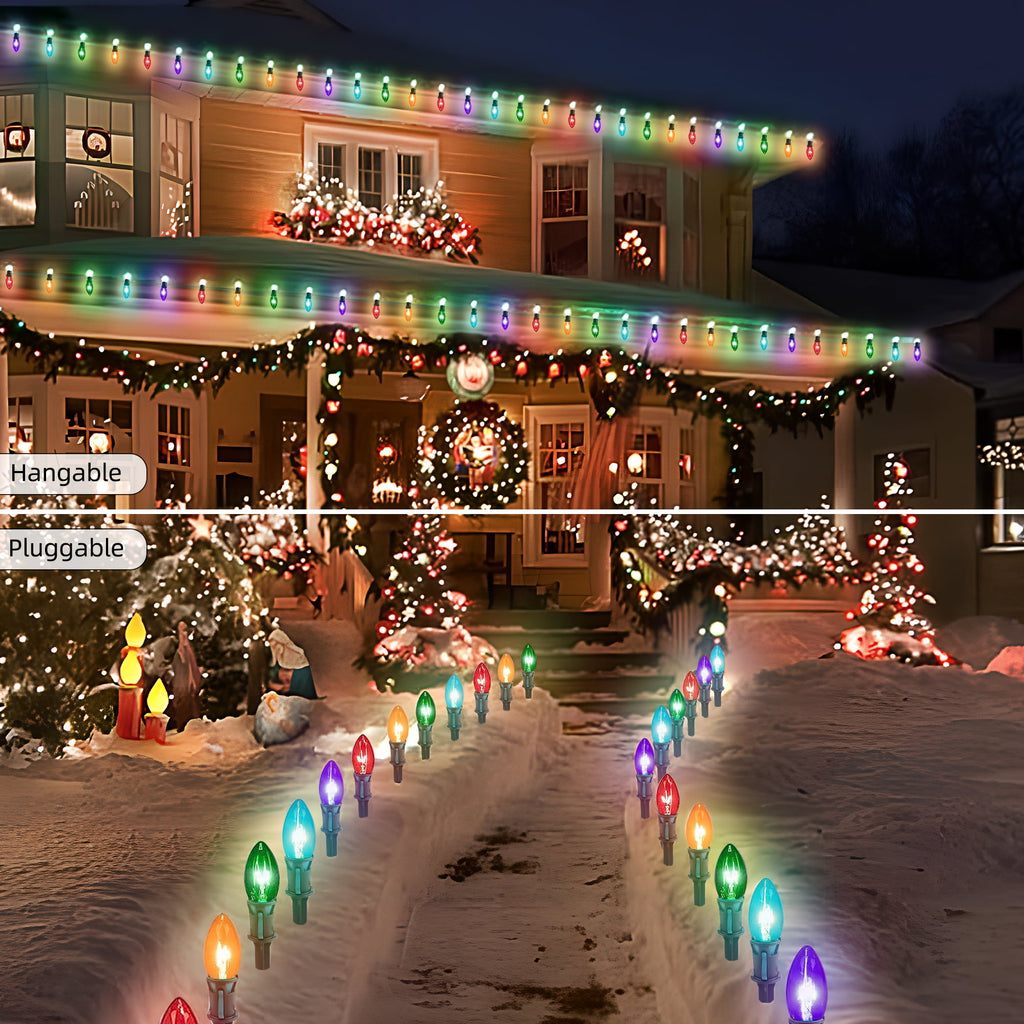 DAYBETTER 25.7ft Christmas Pathway Lights Outdoor, with 20pcs Multi-Color E17 C9 Bulbs, Hangable/Pluggable String Lights for Garden Decor