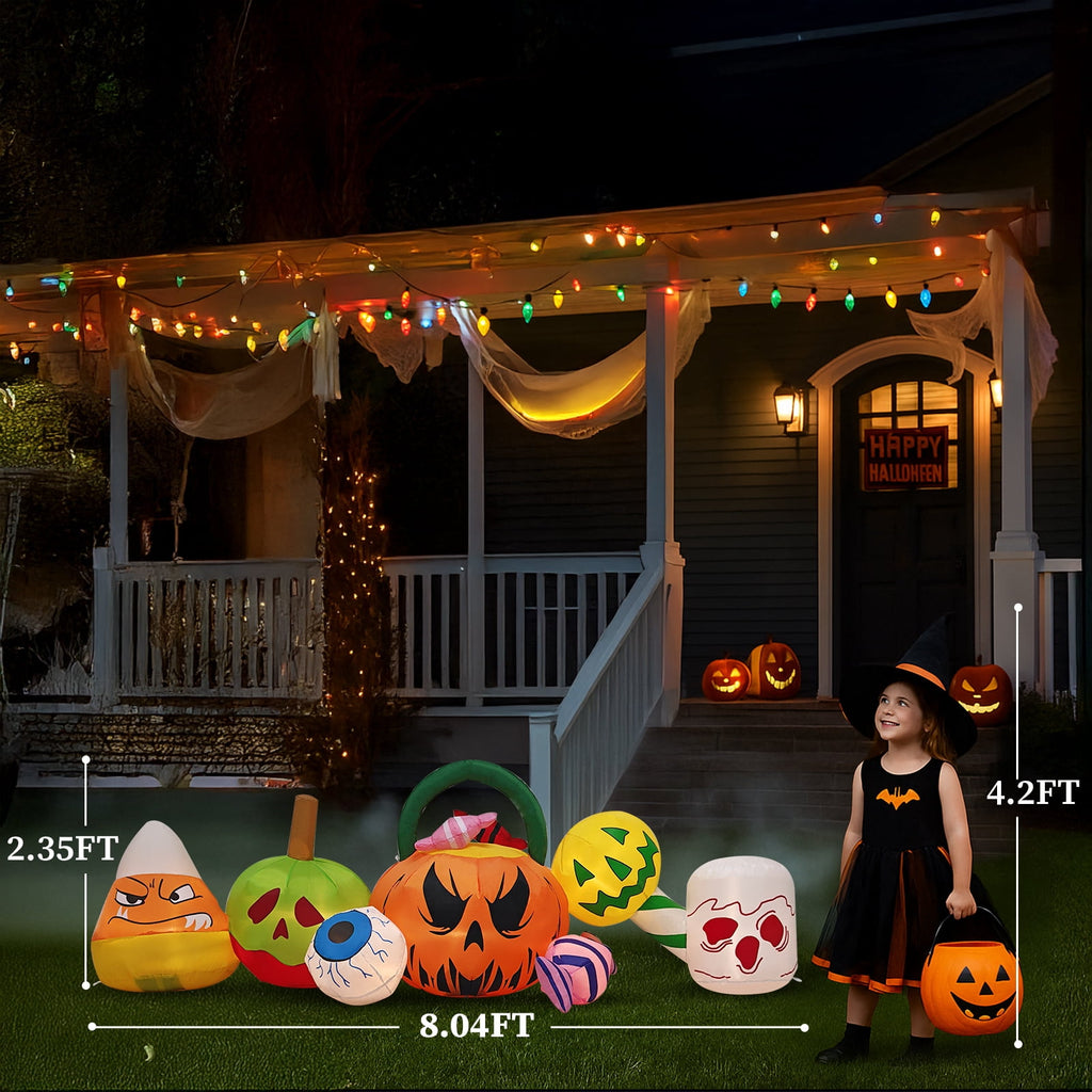 Zimtown 8 FT Halloween Inflatables Pumpkin Candy, Halloween Decoration Blow up Pumpkins and Eyes w/ Build-in LEDs for Halloween Party