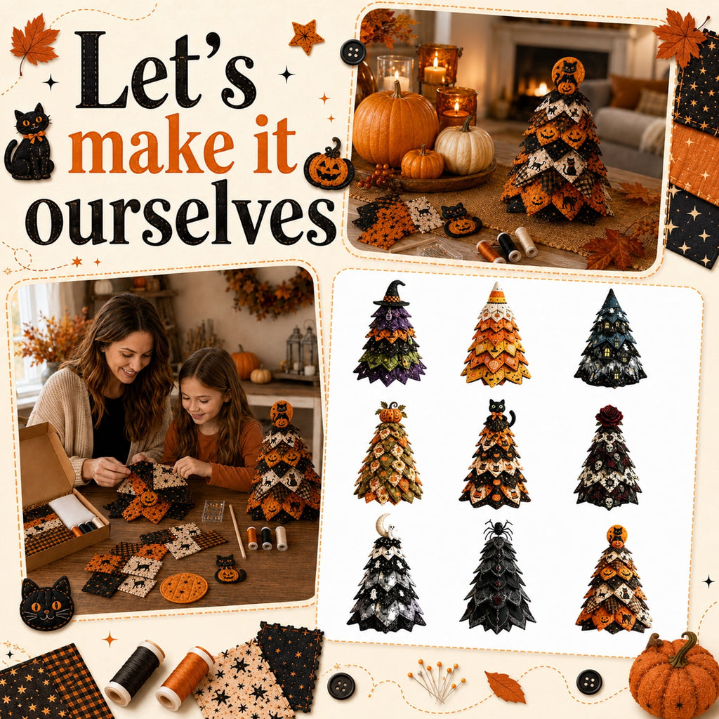 2026 Moonlit Black Cat DIY Halloween Quilted Fabric Tree Kit - Patchwork Fabric Halloween Tabletop Tree, Autumn Mantel Ornament for Adult Rustic Farmhouse Seasonal Display
