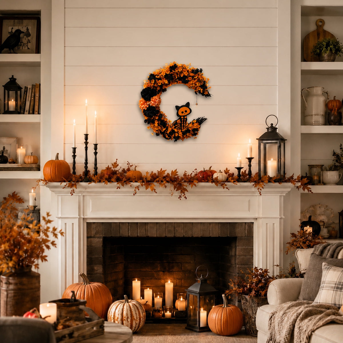 15.7" Artificial Halloween Skeleton Cat Moon Wreath, Orange Black Floral Crescent Decor for Front Door, Porch & Wall, Plastic & Fabric