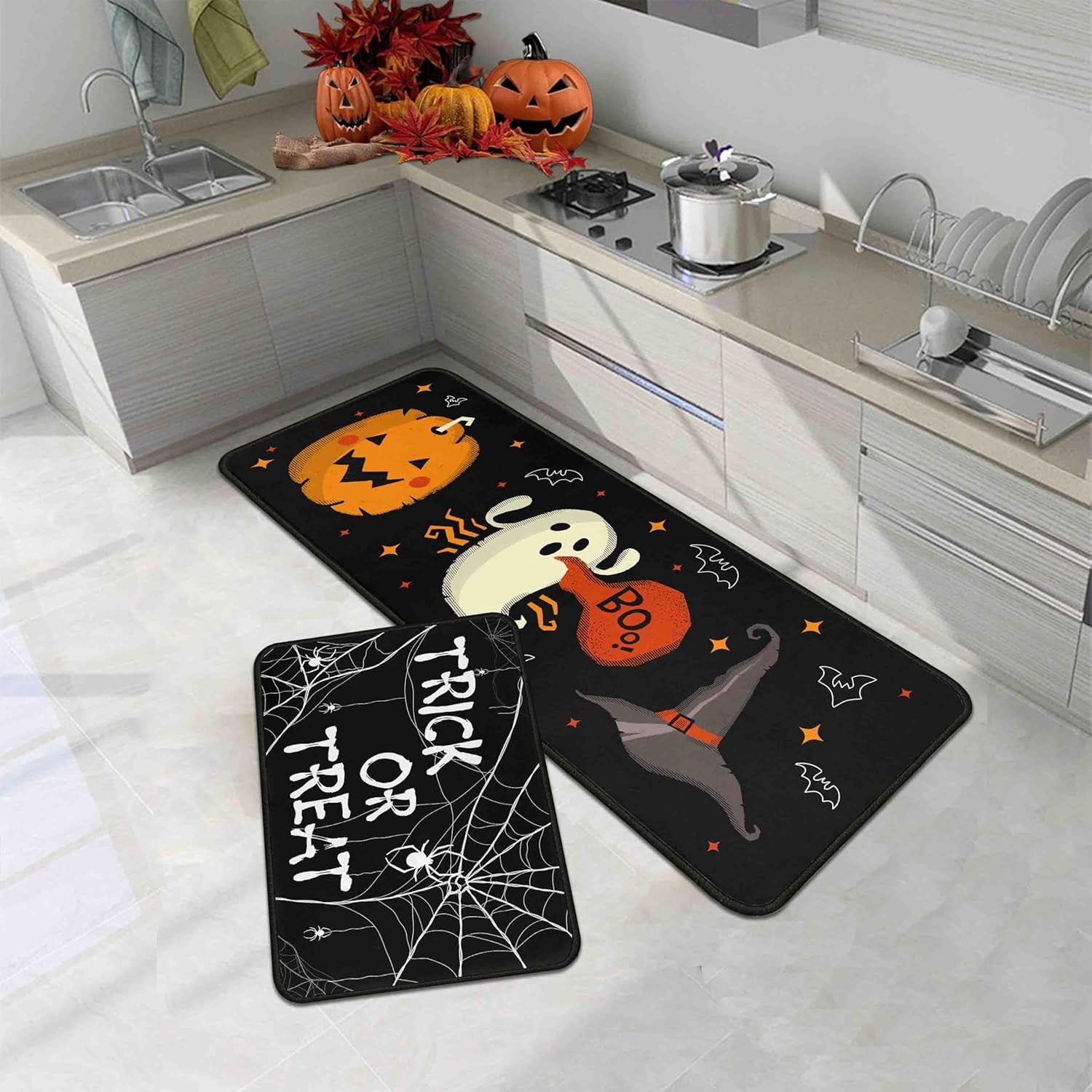 Halloween Kitchen Rugs Set of 2, Cushioned Anti-Fatigue Kitchen Mats for Floor, Spider Web Kitchen Mats, Non-Slip Waterproof Kitchen Floor Mat Washable for Kitchen, Home, Office, Laundry