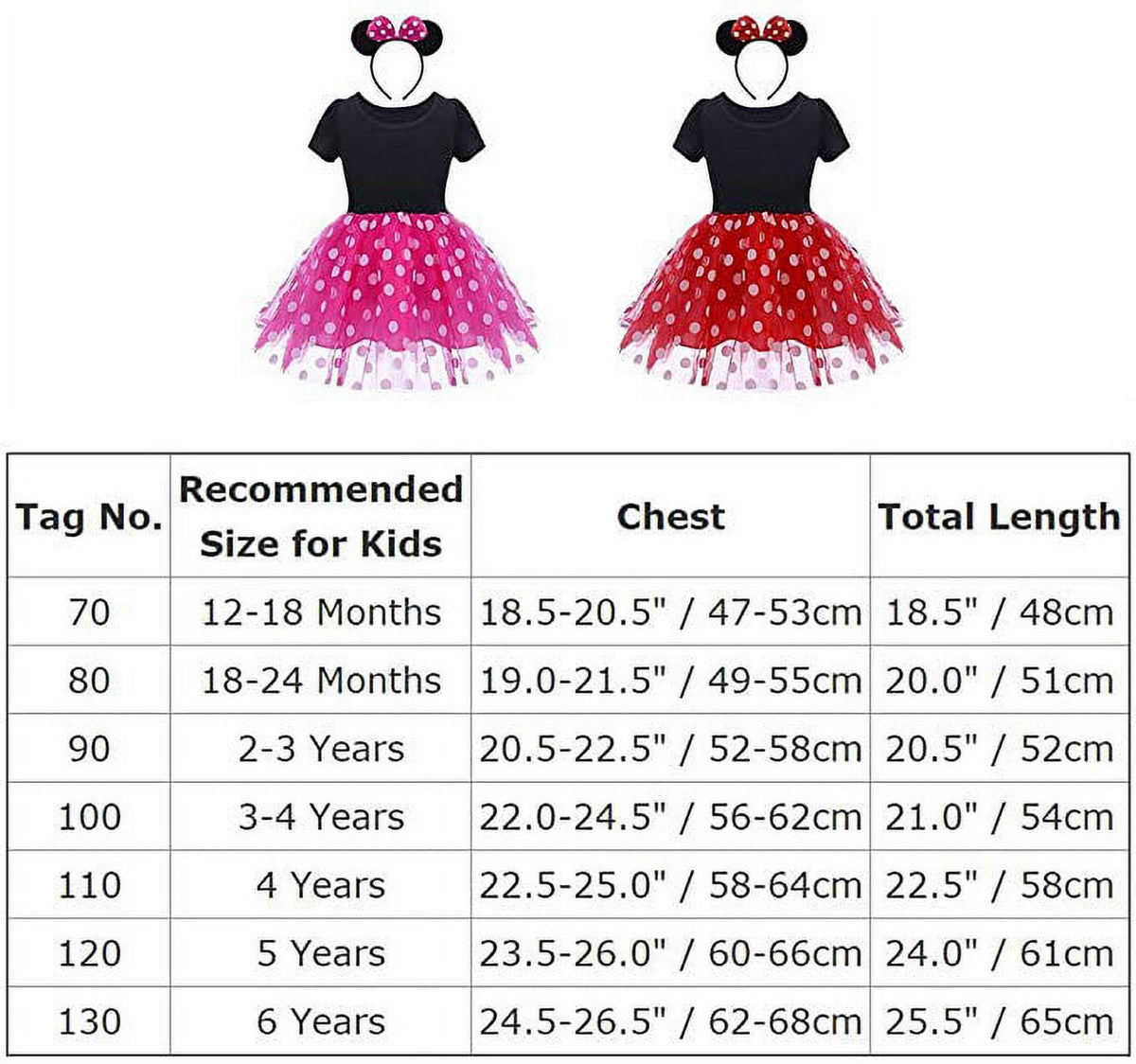 KAWELL Mini Costume for Girls with Mouse Ear Headband, Polka Dot Dress, Child/Toddler, 4-5Y