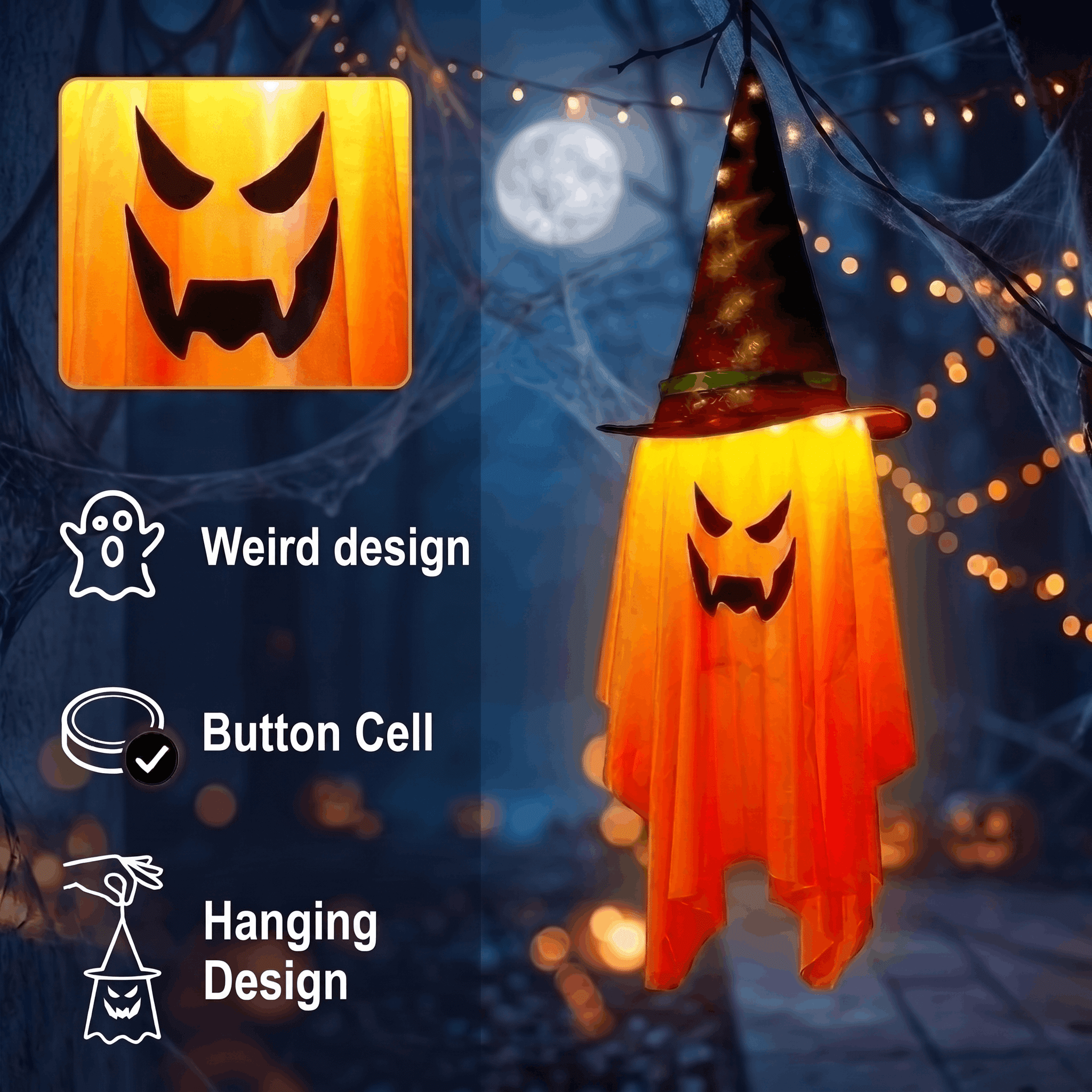 DAYBETTER 3 Pack Halloween Hanging Ghosts Light Up Decor, LED Ghost with Witch Hat Cute Lighted Ornaments for Indoor Outdoor Yard Patio Porch Tree Spooky Decor Gifts