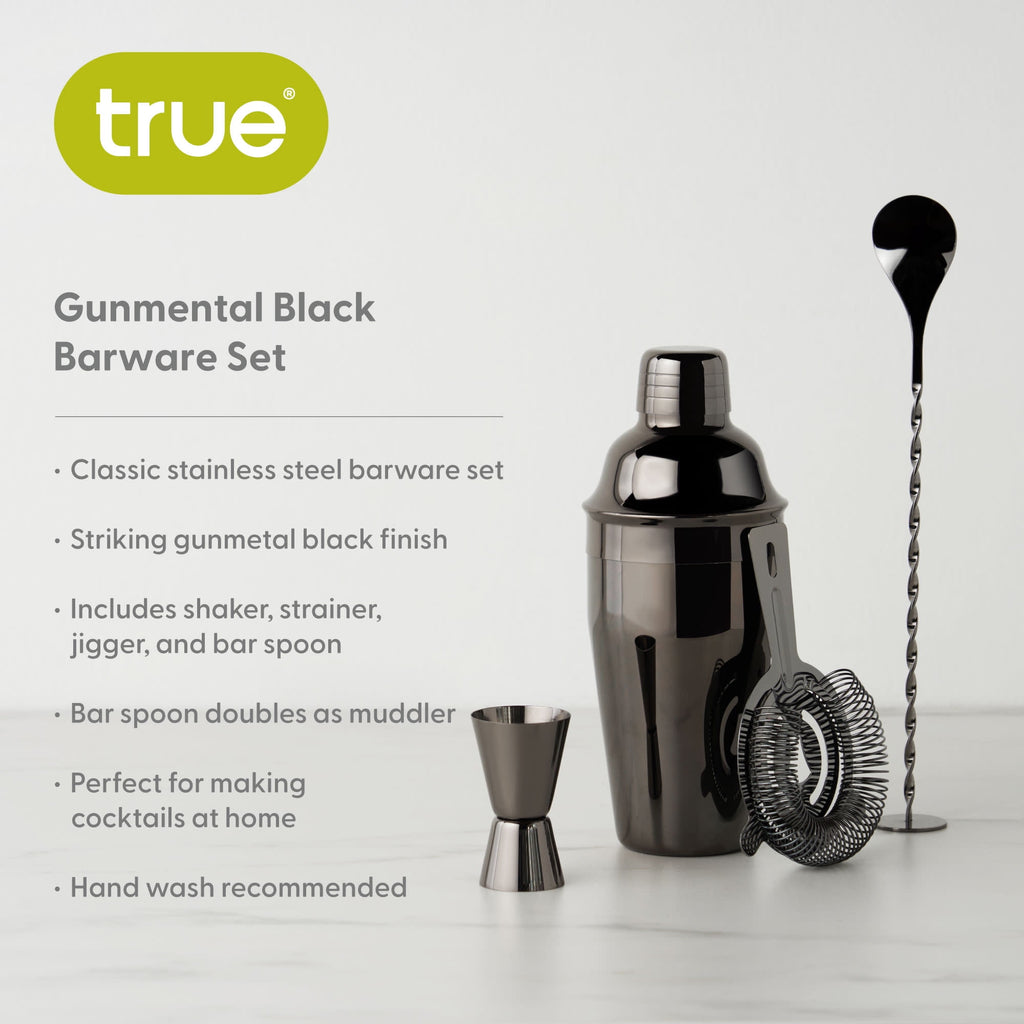 True 4 Piece Black Stainless Steel Barware Set - Cocktail Shaker & Accessories