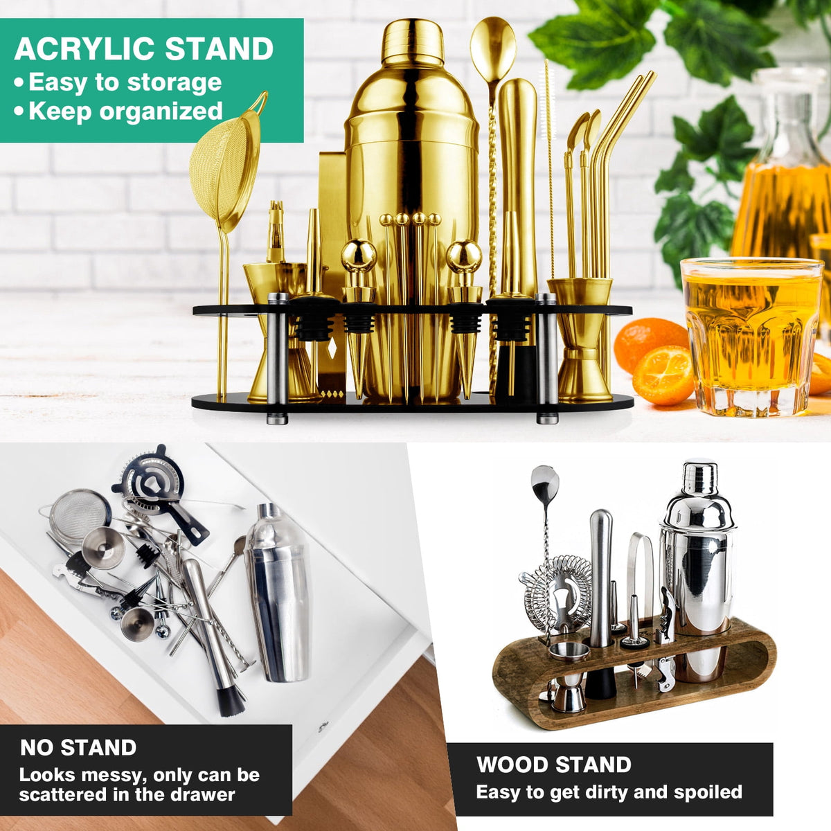 Biemlerfn 25-Piece Cocktail Shaker Set, Mixology Bartender Kit with Acrylic Stand Stainless Steel Bar Tools, Full Bartender Accessories and Recipe Book