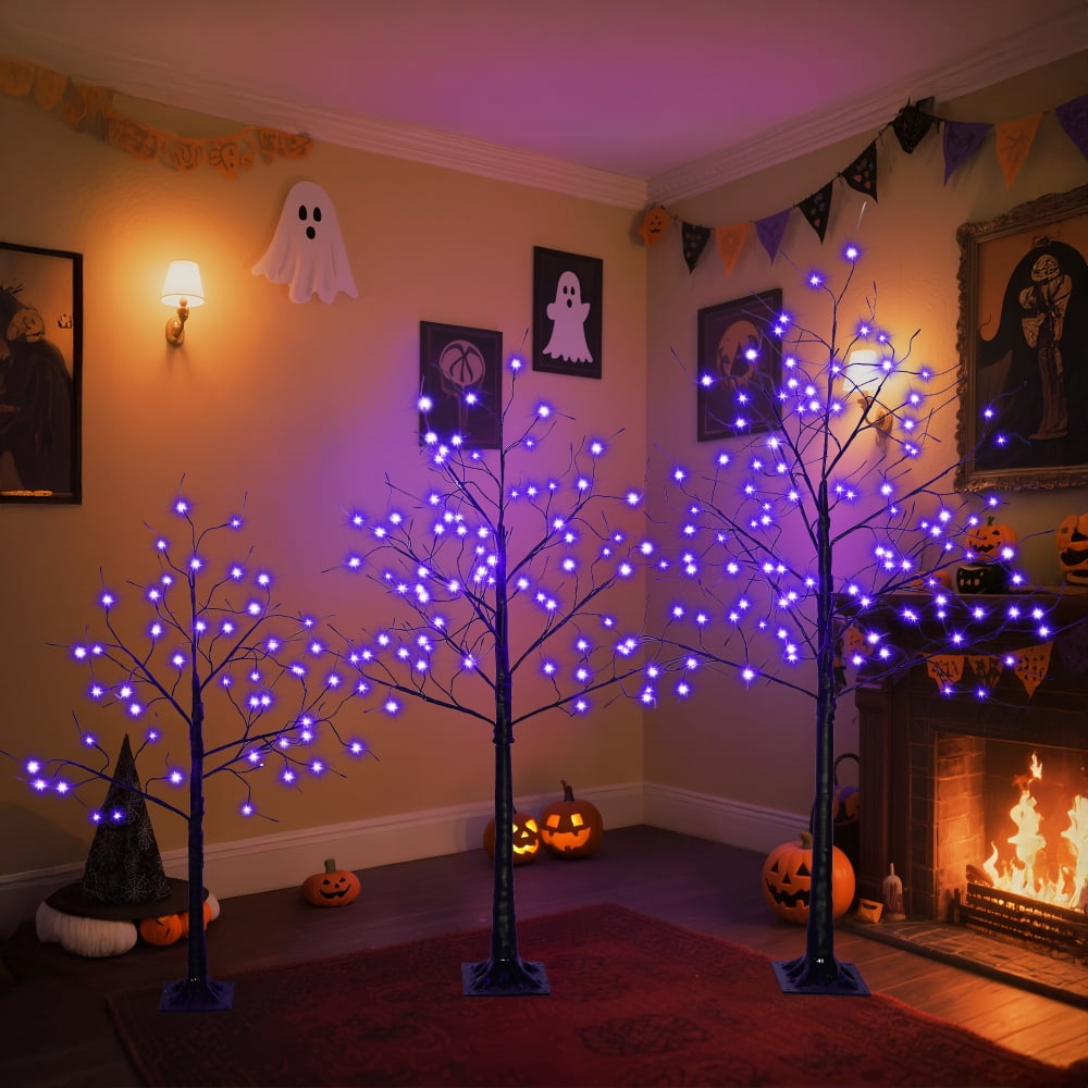 3-Pack Black Adjustable Branches Trees with Purple LED Lights, 4FT 5FT 6FT Pre-Lit Spooky Tree Set for Indoor Halloween Christmas Decor