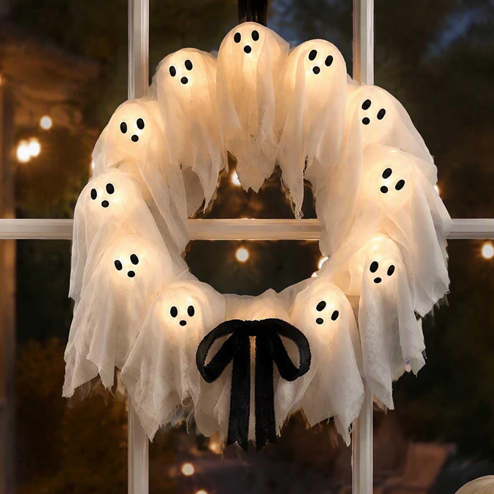 Halloween Glowing Ghost Wreath, Light-up Spooky Wreath with 12 Ghost Decor, RC, 6H Timer, Ideal for Halloween Party (A 12x3inch)