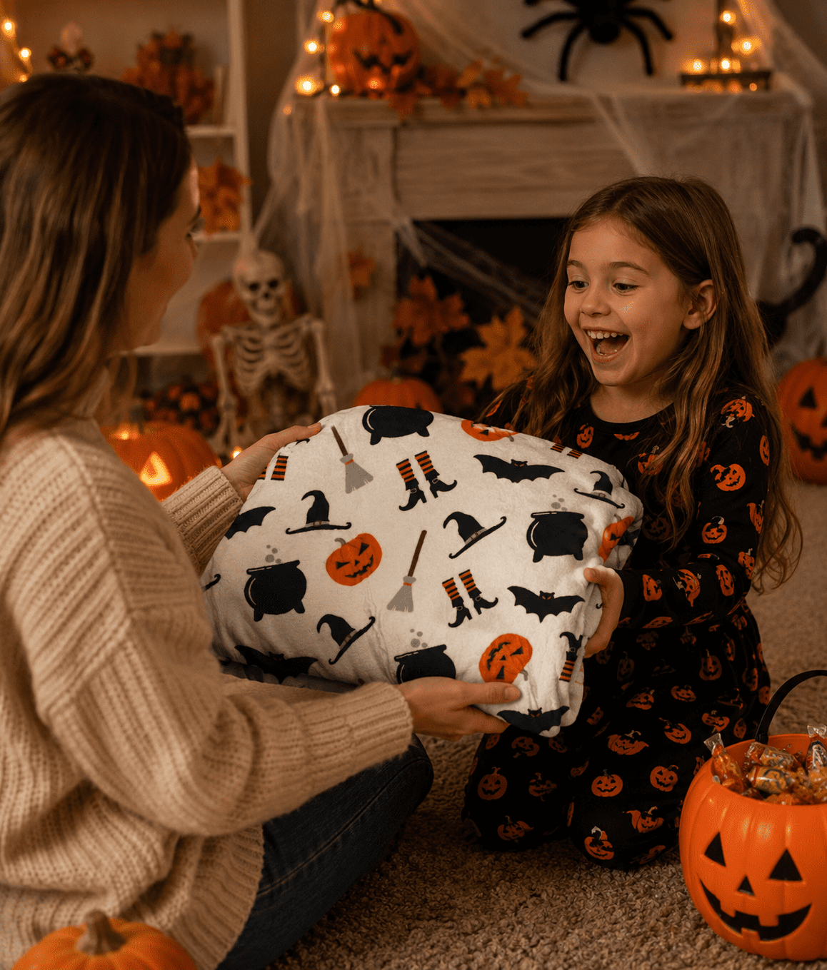 Serafina Home Halloween Throw Blanket: Fuzzy Boo! Jack O'Lantern Spider Webs Skull and Black Cats Print on Velvet Fleece for Sofa Bed Couch Chair Dorm