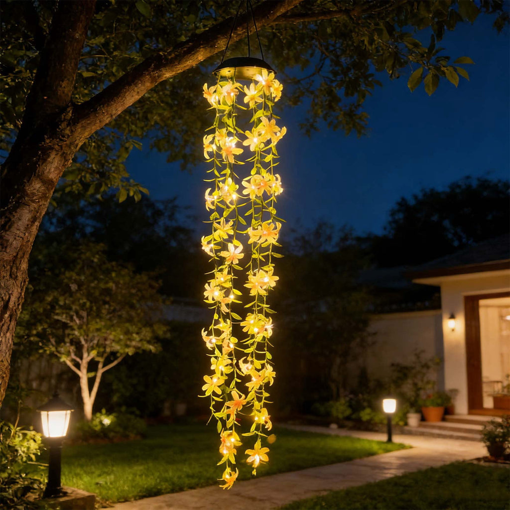 Solar Flower Hanging Wind Chime Light,Waterproof Outdoor LED Pendant Lamp,Solar Powered Auto Charging Warm Glow Light,Decorative Hanging Lantern for Garden Patio Balcony Yard Tree