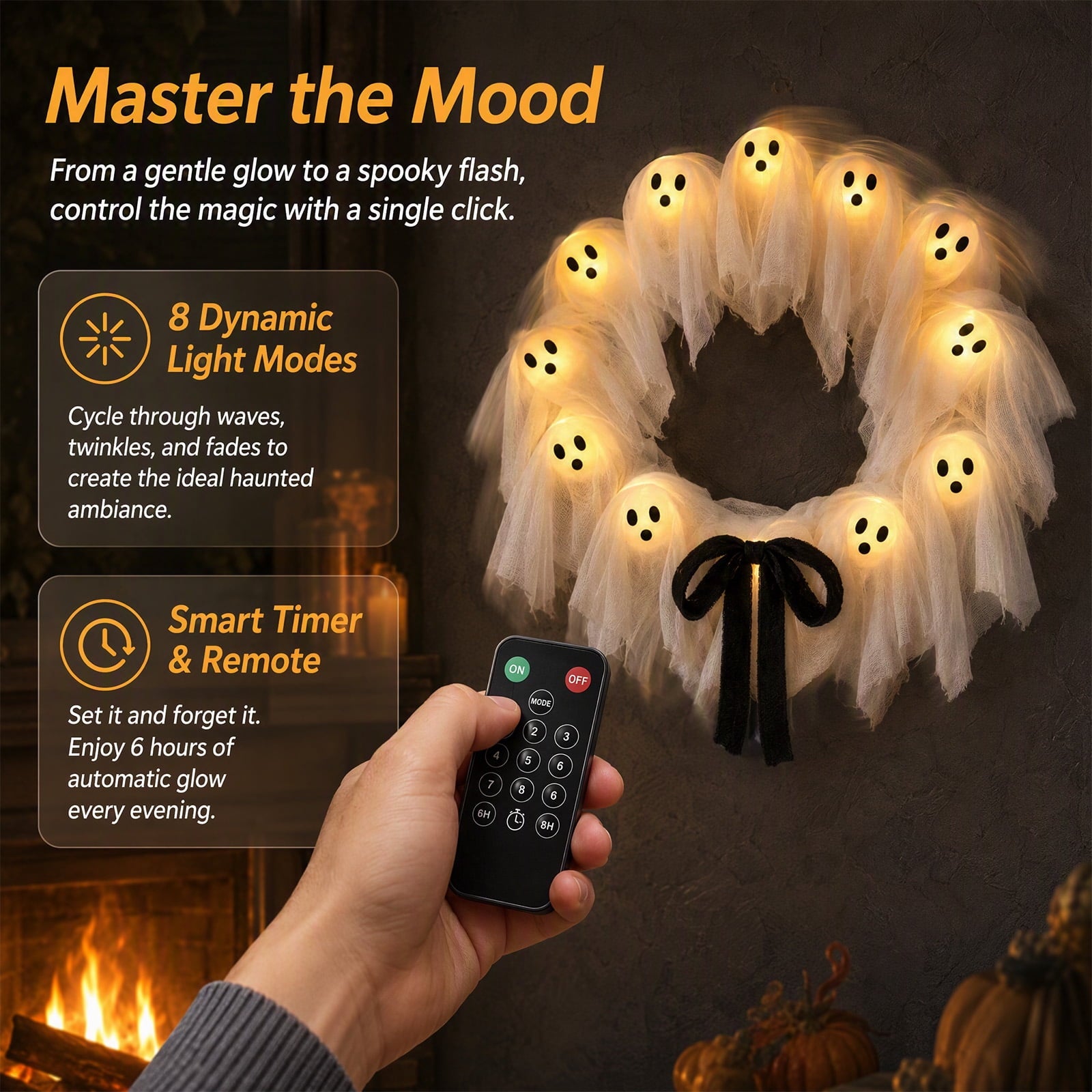 Halloween Glowing Ghost Wreath, Light-up Spooky Wreath with 12 Ghost Decor, RC, 6H Timer, Ideal for Halloween Party (A 12x3inch)