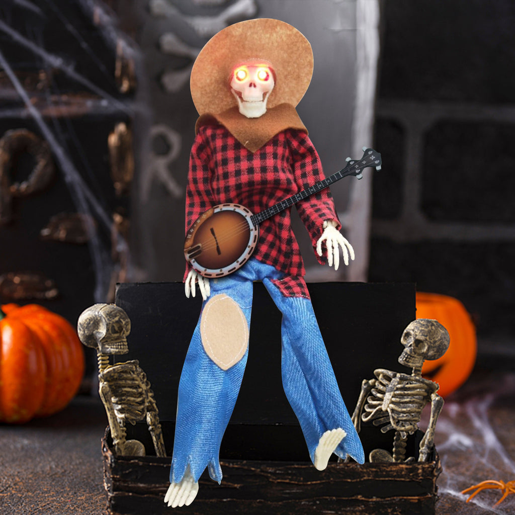 15" Animated Banjo Cowboy Skeletons with Clothes and Hat for Party Shelf Halloween Decorations(Red)