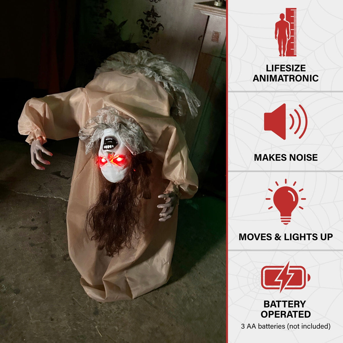 Haunted Hill Farm 3.4 ft Touch-Activated Animated Possessed Backbend Lady Halloween Animatronic, HHLADY-15FLSA