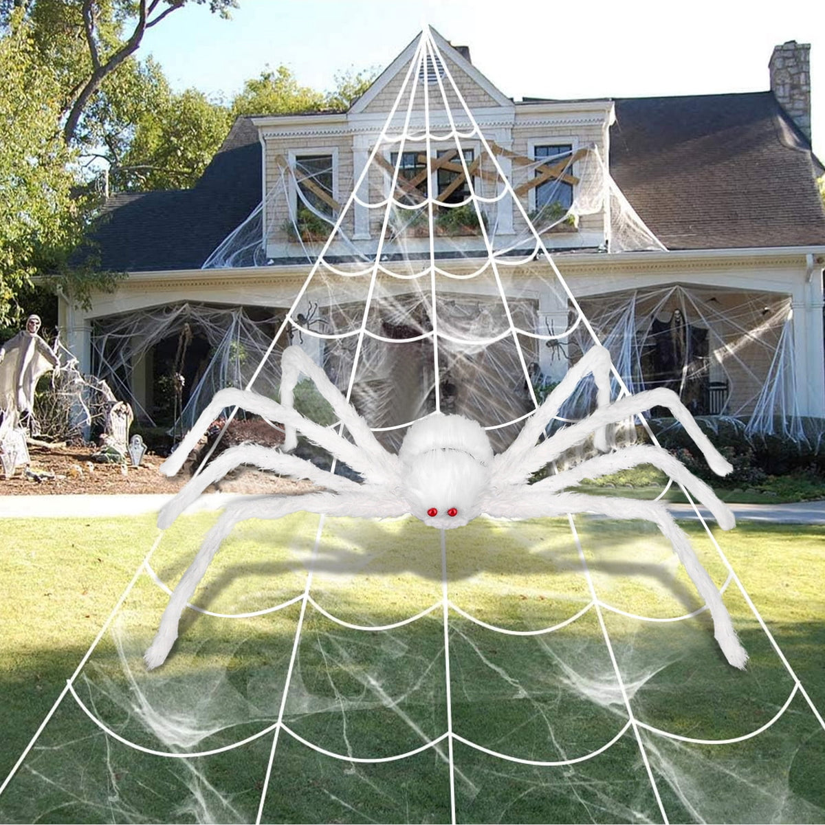 Innens 11.8ft Halloween 144 LED Purple Spider Web Lights with 35" Giant Spider Light up Cobweb Halloween Decorations for Indoor Ourdoor Garden Yard Home Patio (Black, 1Pc)