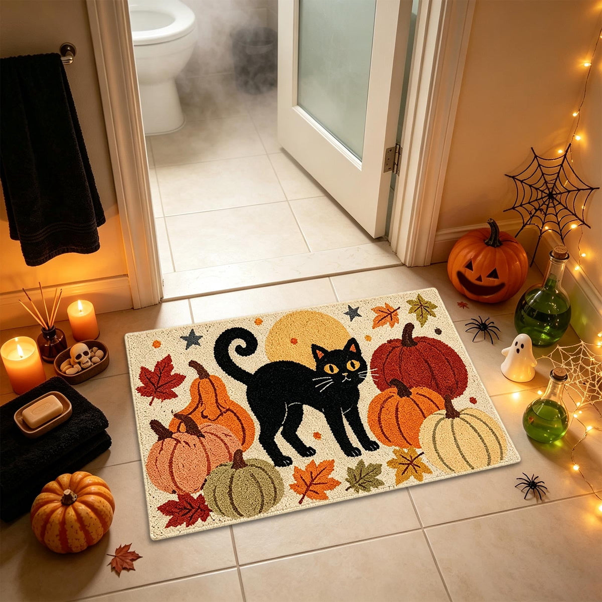 Halloween Decor Black Cat Doormat 15.75x23.62 Inch Fall Pumpkin Moon Design Non Slip Indoor Entrance Rug for Home Entryway Decor