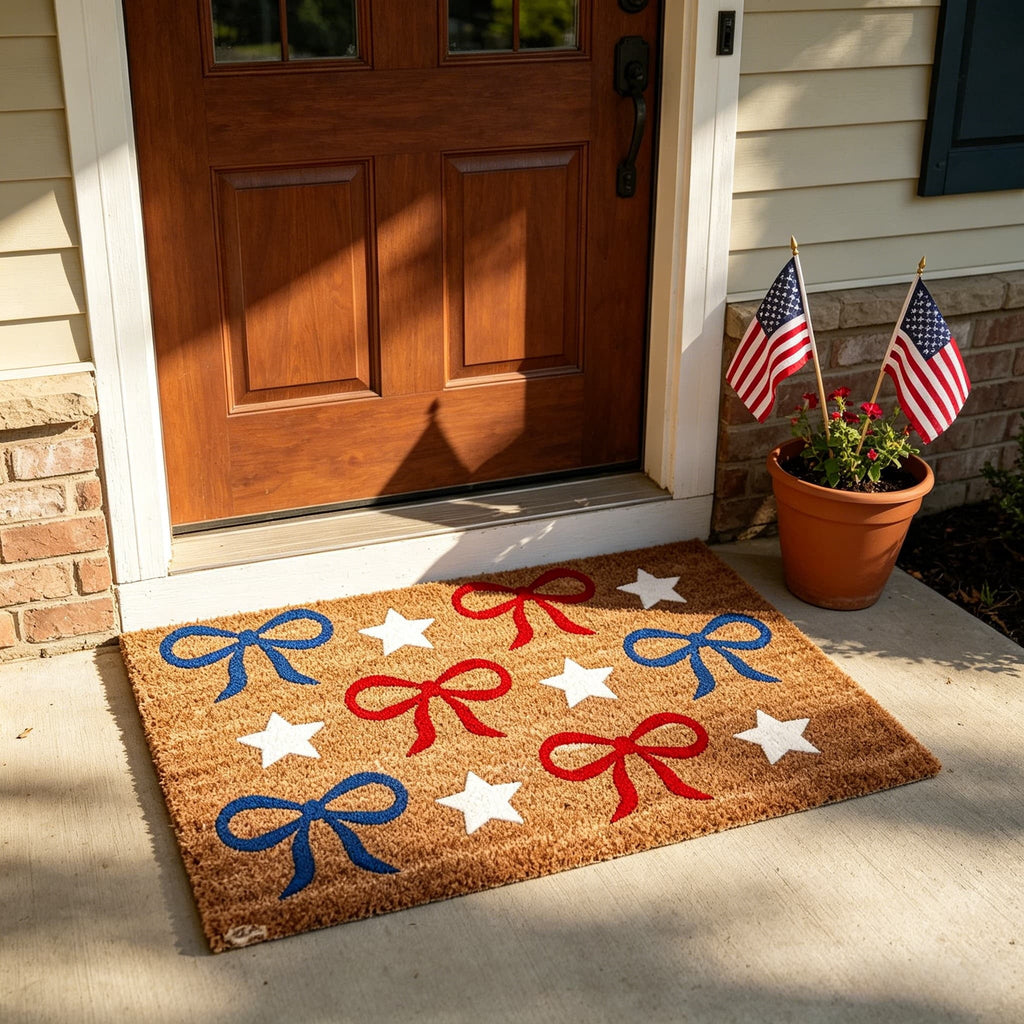 Patriotic Door Mat 4th of July Bow Flag Floor Doormats Independence Day Star Welcome Non Slip Mats for Front Porch Decor 16*24in Black