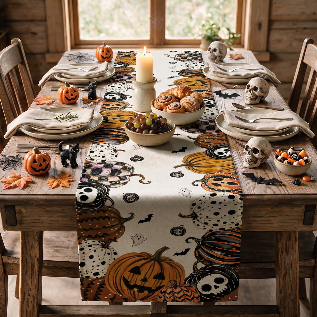 Sm:)e Halloween Table Runner Ghost Pumpkin 13x72 Inch, Halloween Party Kitchen Dining Indoor Outdoor Decorations,Orange