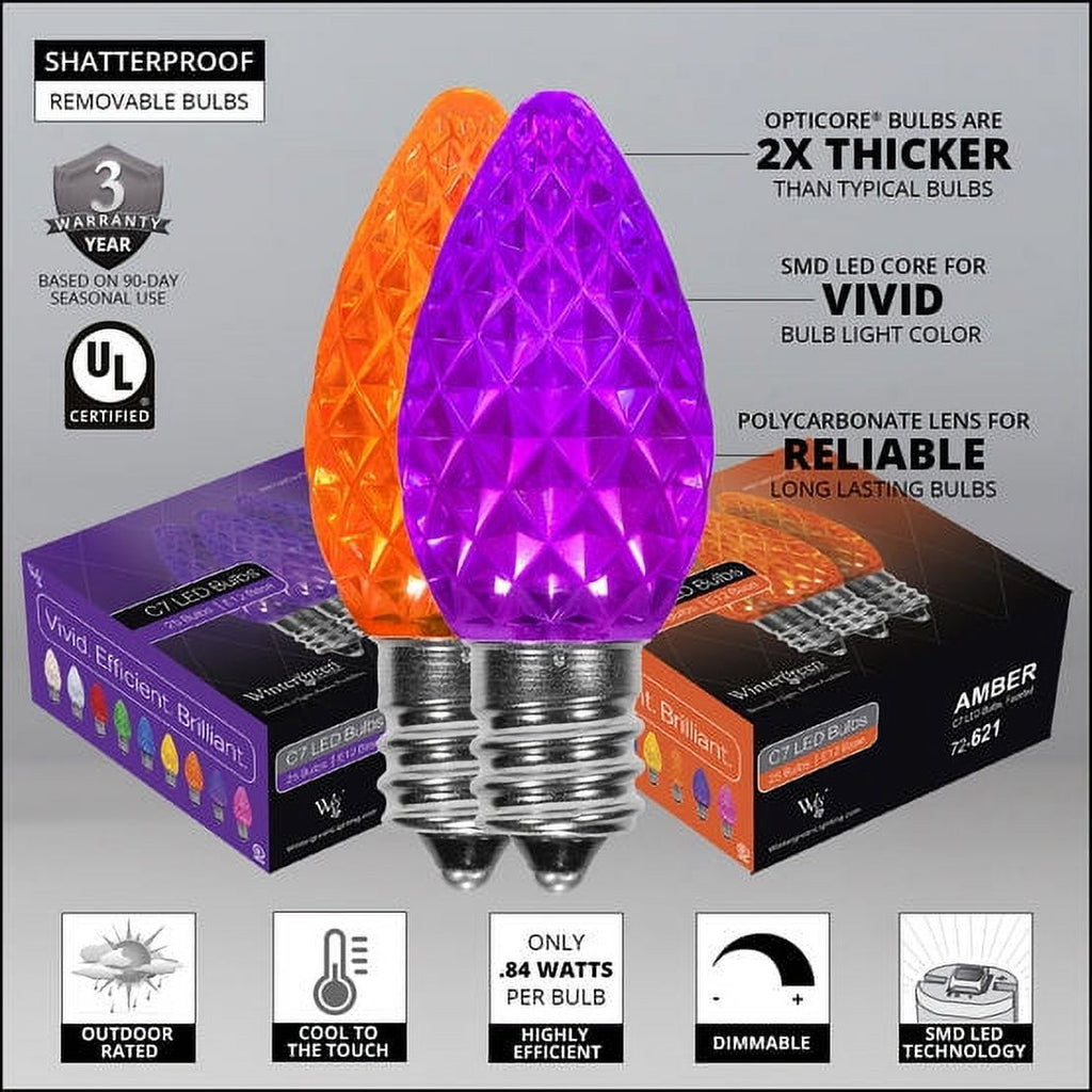 50 OptiCore LED Purple and Orange C7 String Lights with Shatterproof Bulbs for Halloween Displays Party Decoration, 50ft, Indoor Outdoor Black Wire