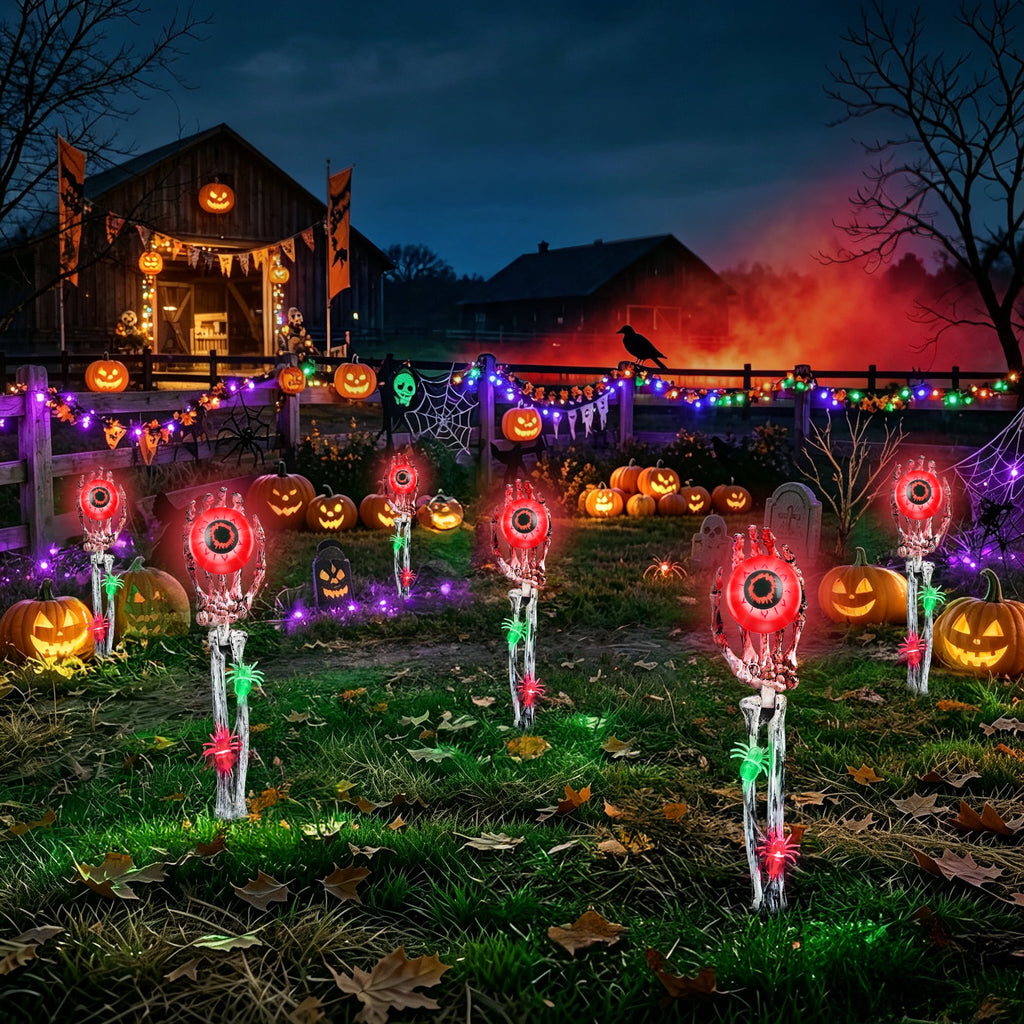 Toodour Halloween Pathway Lights Outdoor, Battery Operated Halloween Skeleton Hands with Light Up Eyeballs & Spiders, Waterproof Halloween Decor for Walkway Garden Yard Lawn, Red