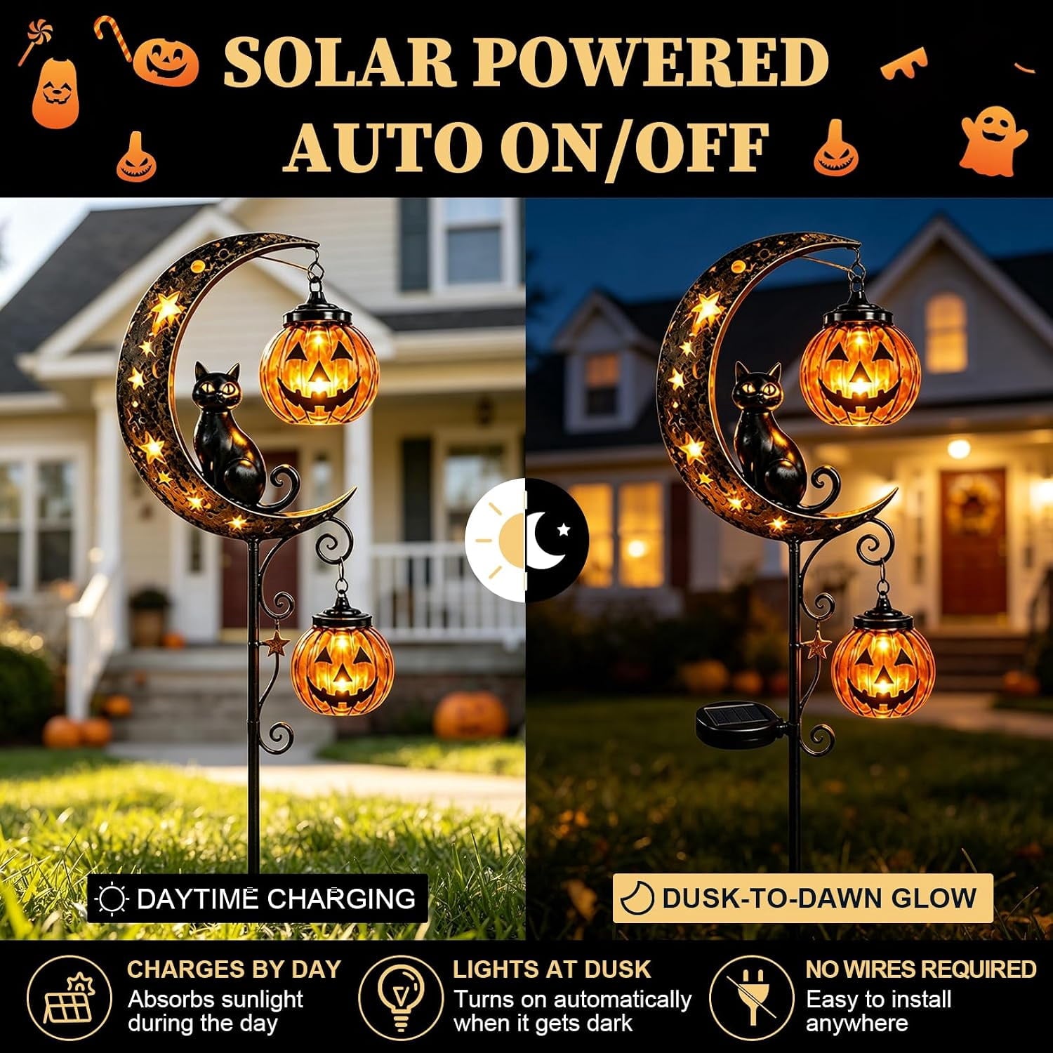 Solar Halloween Black Cat & Pumpkin Moon Garden Stake Light | Waterproof Metal Black Cat Yard Ornament, Auto On Off Solar Outdoor Light, Fall Halloween Decor Stake for Lawn Patio Pathway