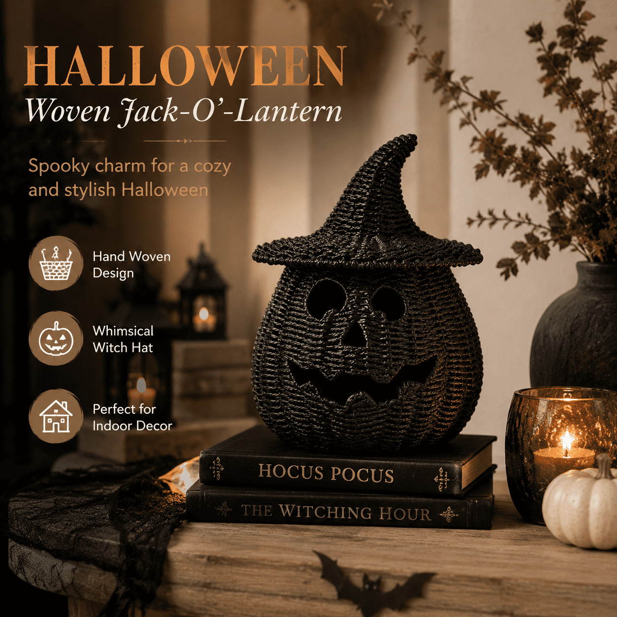 Aximioll Black Wicker Jack-O-Lantern Pumpkin 11.8In, Woven Rattan Halloween Pumpkin with Witch Hat, Cutout Face Tabletop Decor for Porch Entryway Mantel, Black