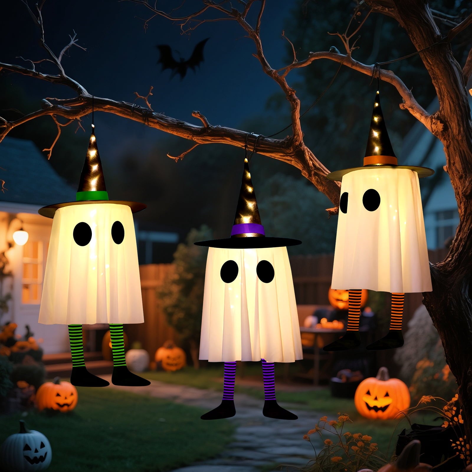 Qoosea 3 Pack Halloween LED Lights Witch Hat Ghost Hangers, Purple/Green/Orange, 3 Lighting Modes, Waterproof Battery Case, Halloween Decorations
