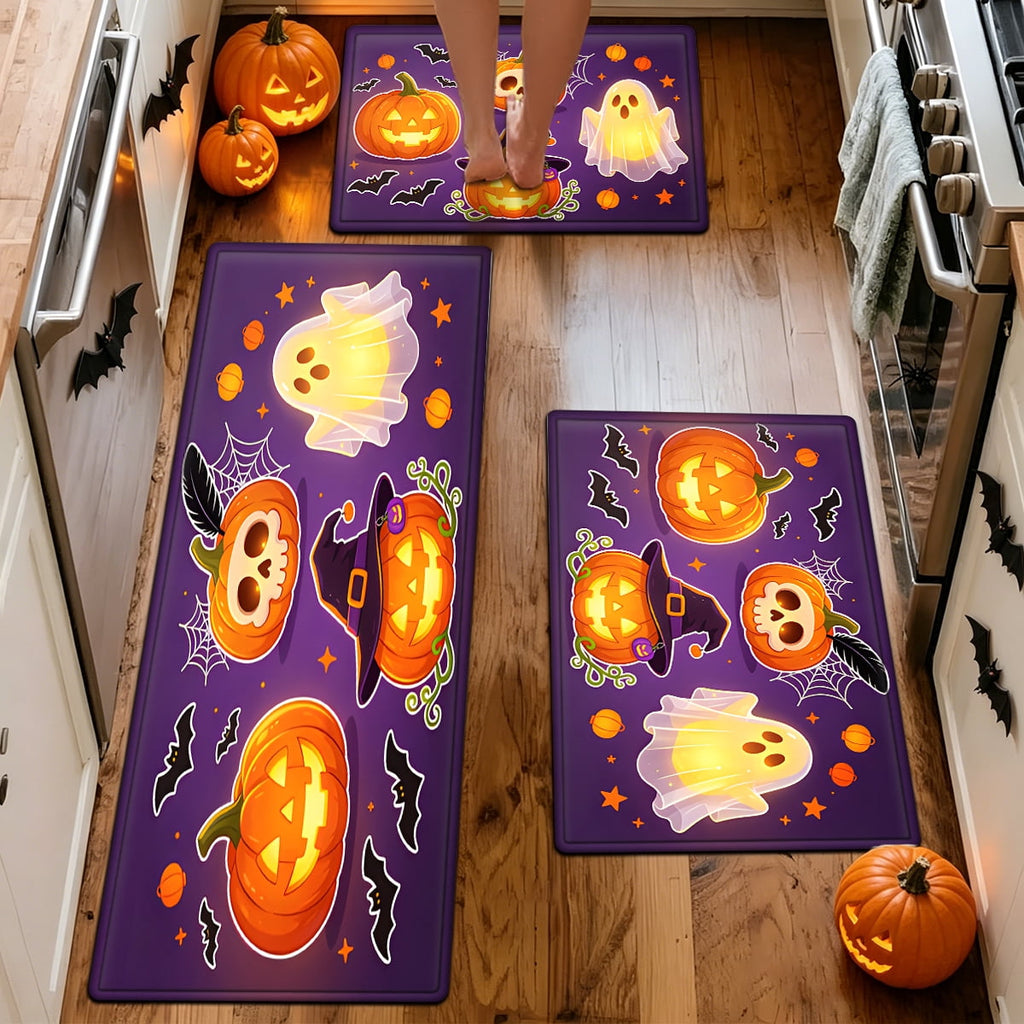 YIMEIS Halloween Neon Pumpkin Lanterns 3Pcs Flannel Mat & Kitchen Rugs Set,Soft Non-slip,16''×24'' 20''×30'' 17''×47'' Inches,for Entryway Bathroom
