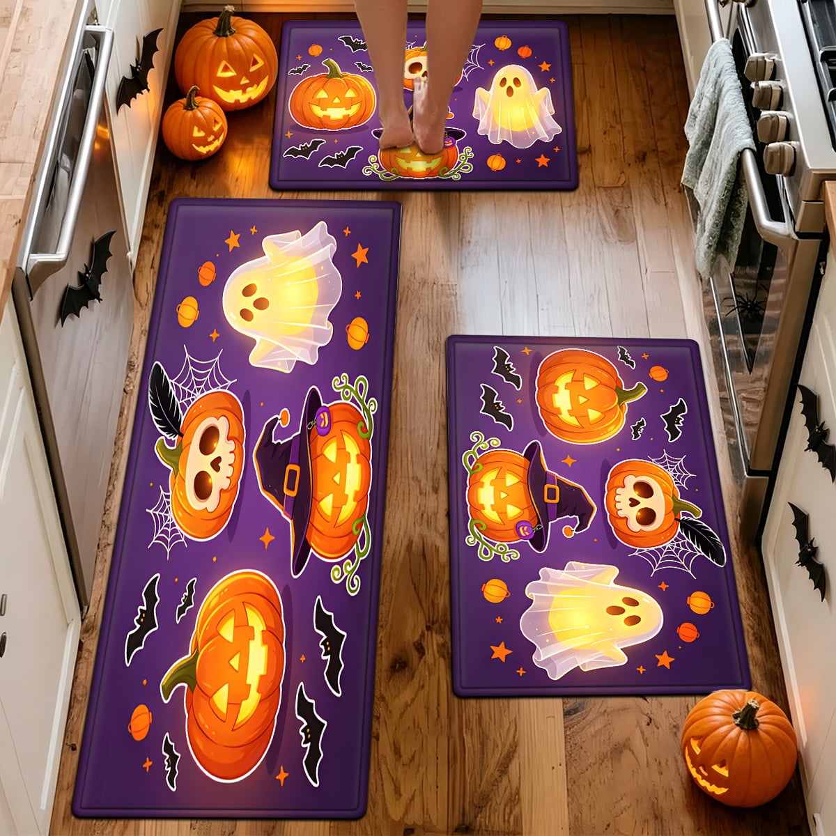 YIMEIS Halloween Neon Pumpkin Lanterns 3Pcs Flannel Mat & Kitchen Rugs Set,Soft Non-slip,16''×24'' 20''×30'' 17''×47'' Inches,for Entryway Bathroom