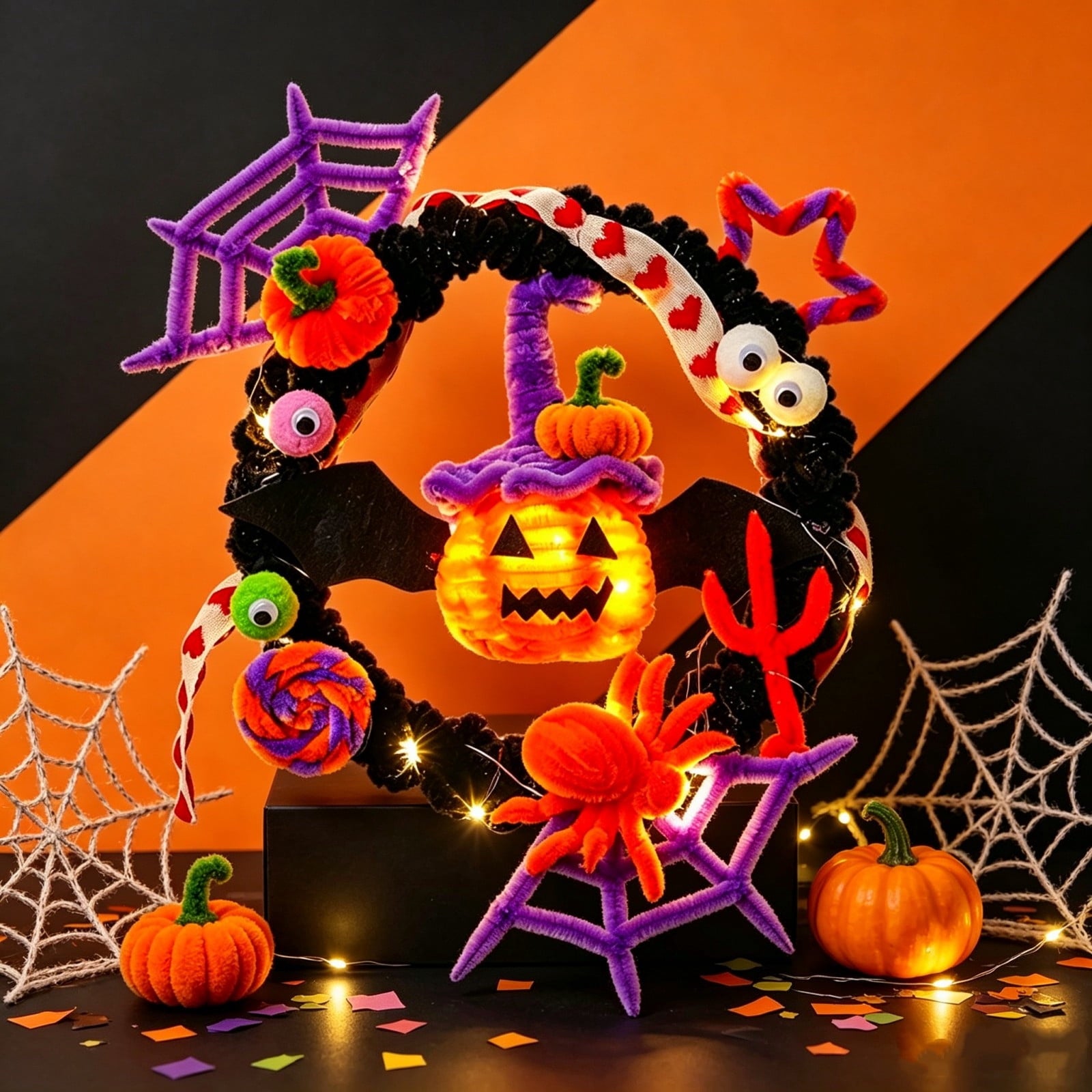 WWC Halloween Wreath, Orange LED Pumpkin and Bats Wreath, Gothic Halloween Decorations Wreath for Front Door, Indoor Outdoor Party Decor