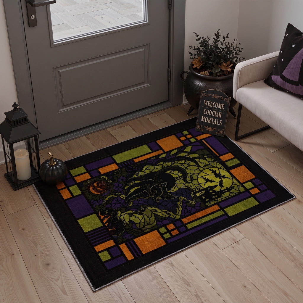 GENIMO 2'x7' Halloween Runner Rug, Washable Non Slip Soft Gothic Raven Indoor Outdoor Hallway Runner for Porch Patio Kitchen Entryway, Rust Orange