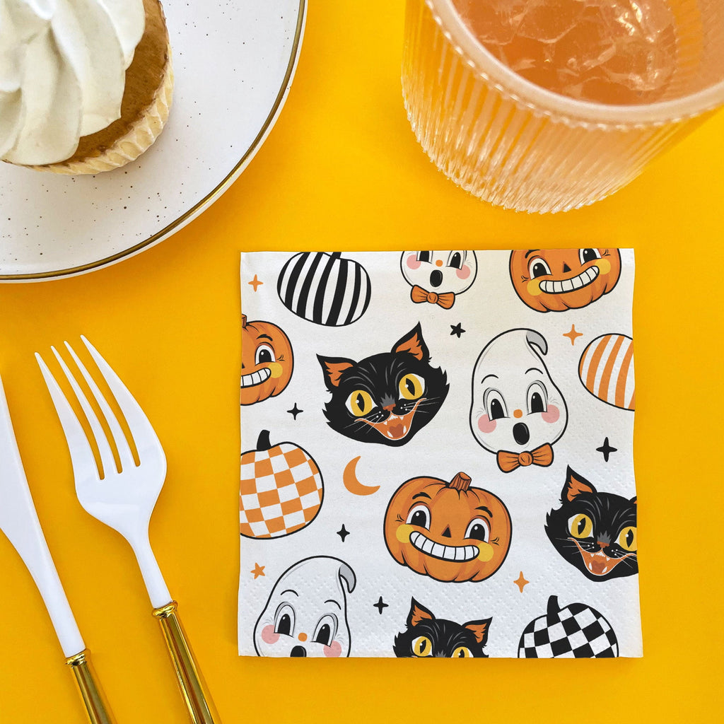 Big Dot of Happiness Vintage Halloween Napkins, Black Cat Pumpkin and Ghost Retro Halloween Party Decor, White 3-Ply Paper Beverage Cocktail Napkins - 24 Count