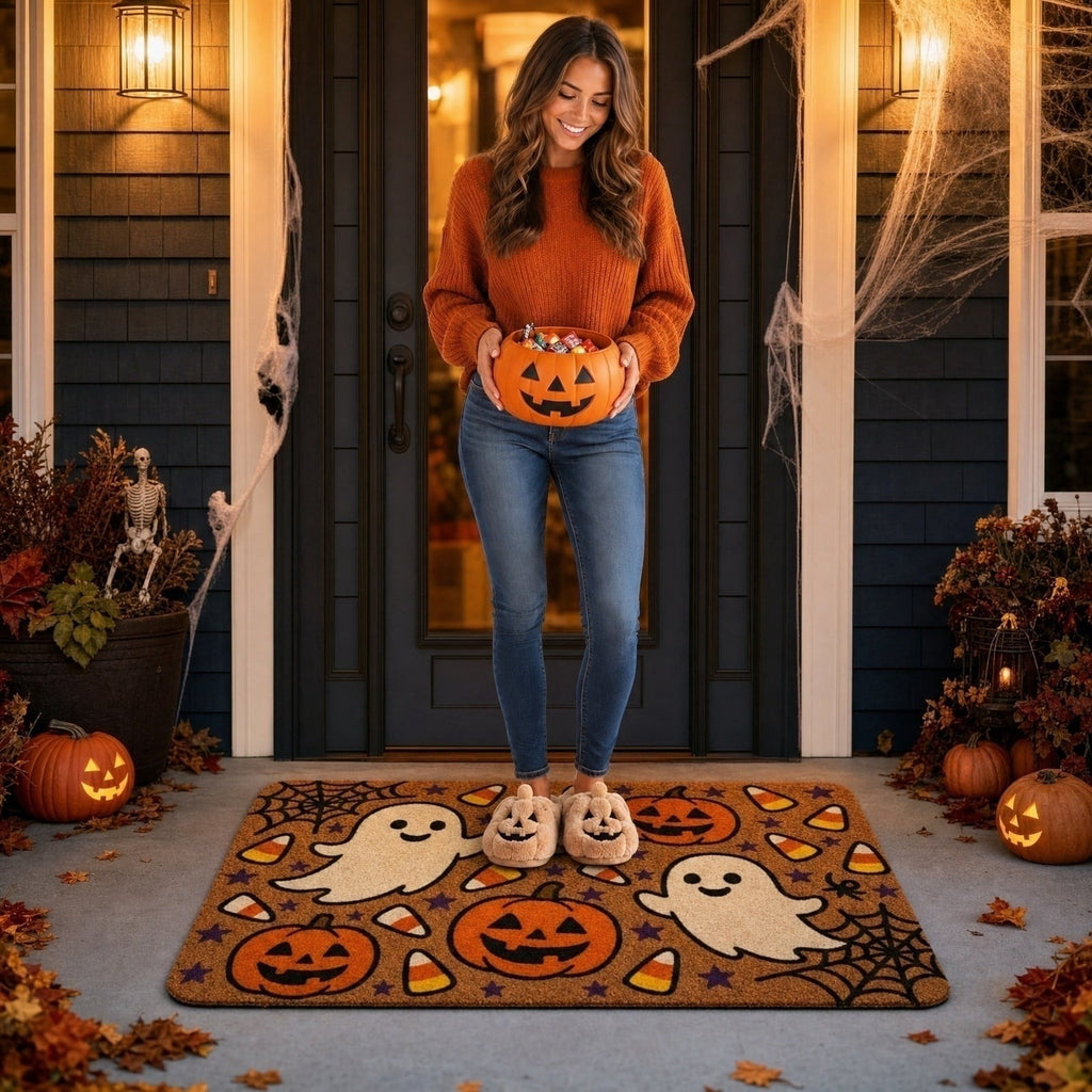 OutmaxHome Halloween Theme Cute Ghost Print Doormat, 15.8x23.6 Inch Non-Slip Absorbent Mat, Easy to Clean, for Front Door, Porch, Farmhouse