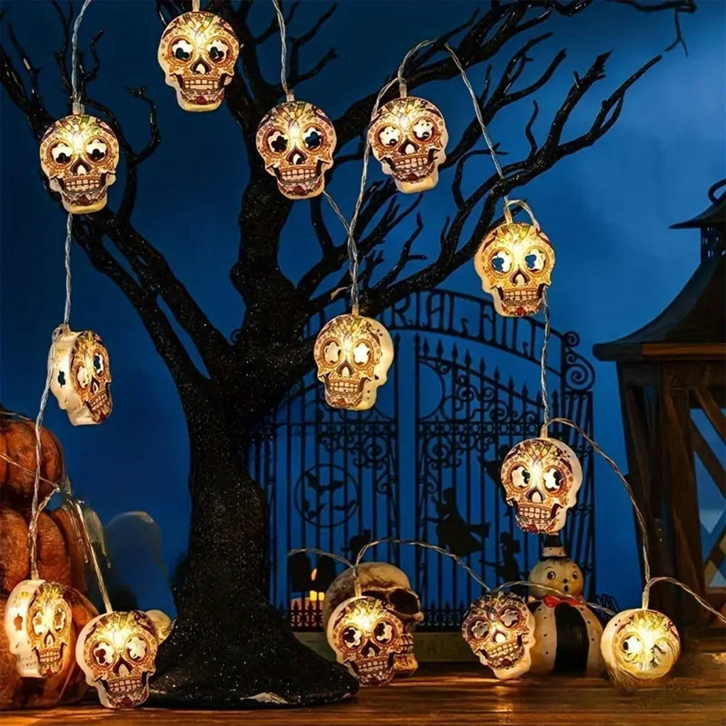 Btomtd 59.05 inch Skull String Light Luminous Halloween Decoration Prop for Horror Scene Layout Hanging Pendant Bar Party LED Decorative Light, Multicolor
