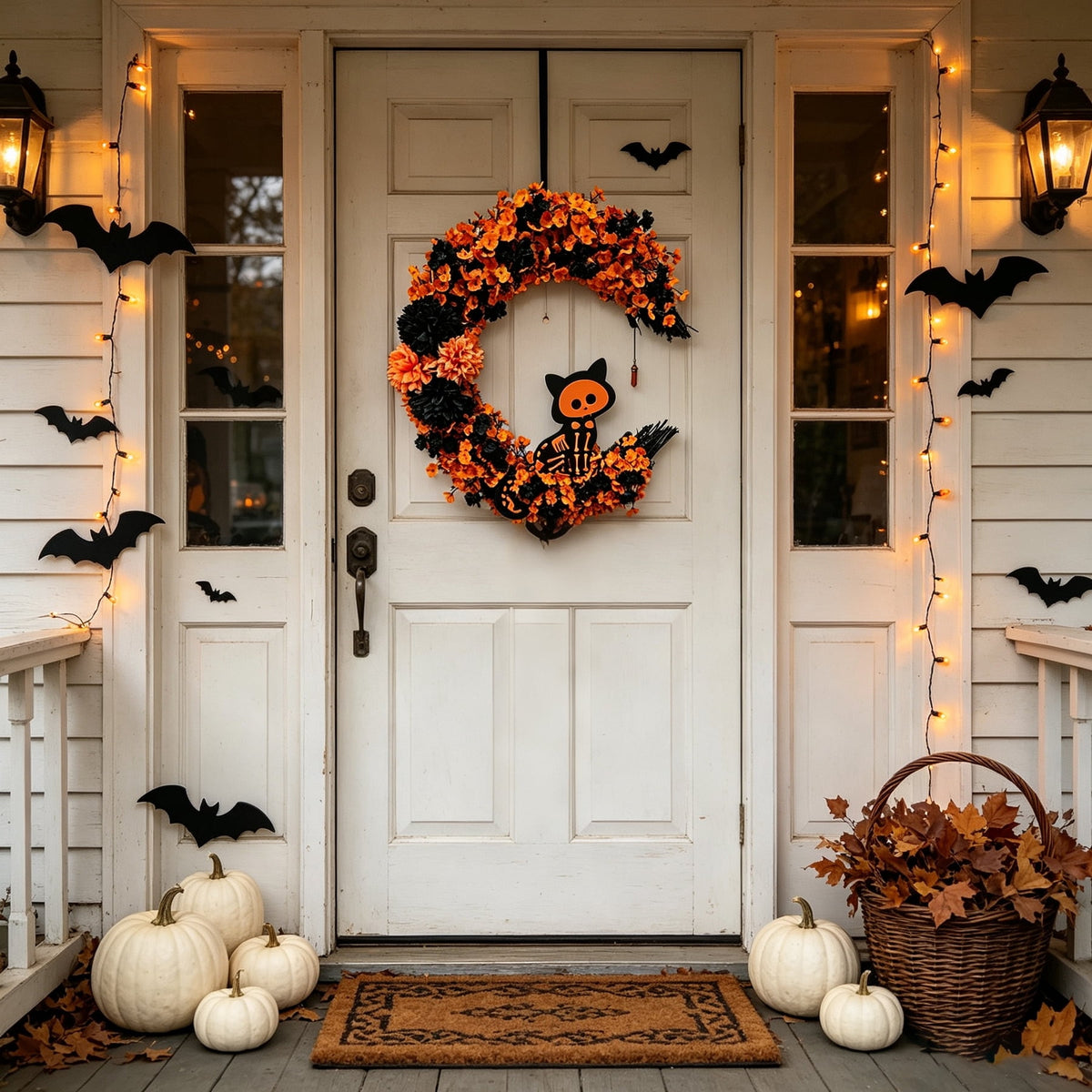 15.7" Artificial Halloween Skeleton Cat Moon Wreath, Orange Black Floral Crescent Decor for Front Door, Porch & Wall, Plastic & Fabric