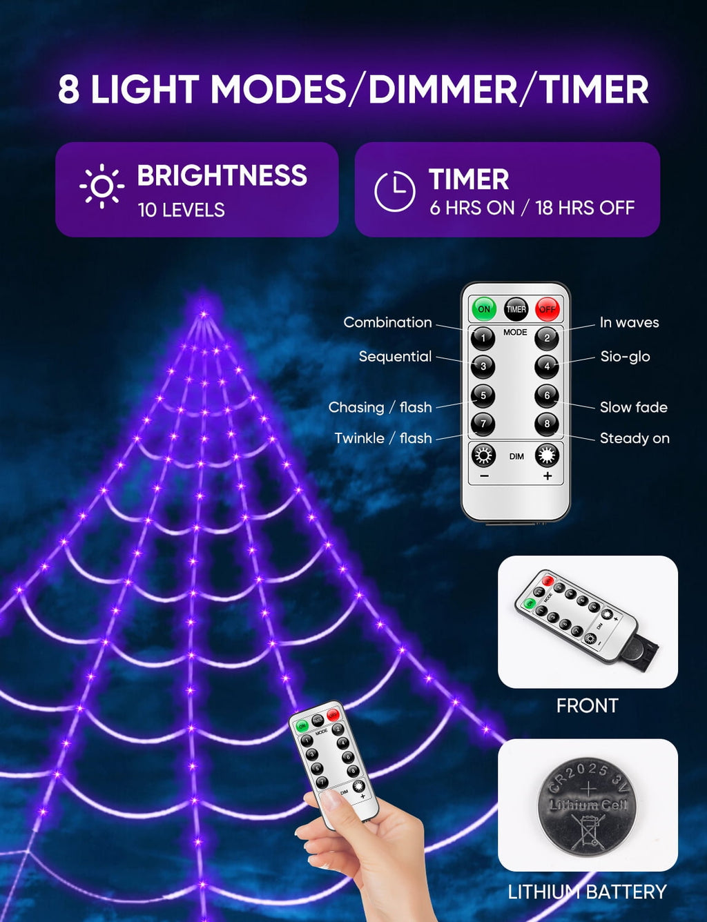 Halloween Decorations Spider Web Lights,4FT Diameter 70 LED with Black Spider, Waterproof Net Lights, Remote Control, 8 Modes Cobweb Halloween Decorations for House Garden Indoor Outdoor (Purple)