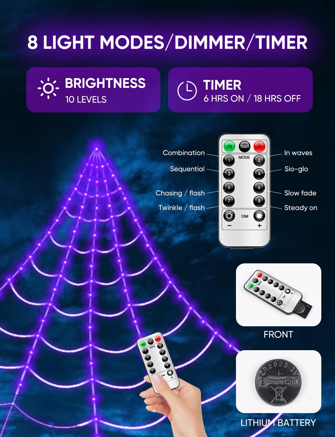 Halloween Decorations Spider Web Lights,4FT Diameter 70 LED with Black Spider, Waterproof Net Lights, Remote Control, 8 Modes Cobweb Halloween Decorations for House Garden Indoor Outdoor (Purple)