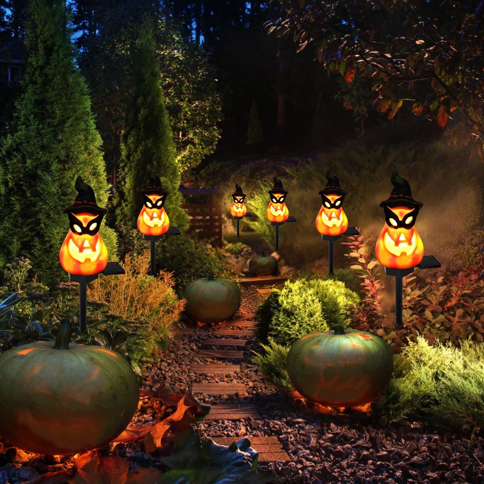 Btomtd Solar Lantern Light Outdoor Halloween Decor Resin Craft Pumpkin Ground Insertion Lamp for Garden Ghost Festival Solar LED Garden Light, C