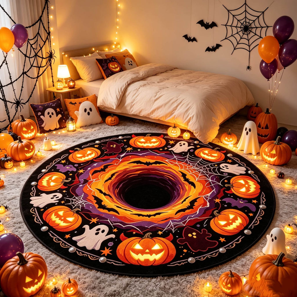 Halloween Round Rug Optical Ghost Pumpkin Mat 15.75in Diameter Polyester Skidproof & Soft for Entryway Bedroom Party by MPOISVA