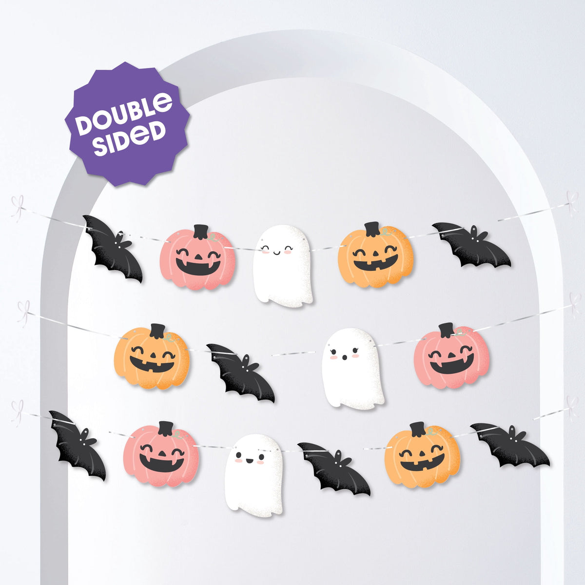 Big Dot of Happiness Pastel Halloween Garland Banner, Birthday Party Decorations Backdrop, 30 Feet of Cord, 15 Paper Ghost, Pumpkin, and Bat Shapes