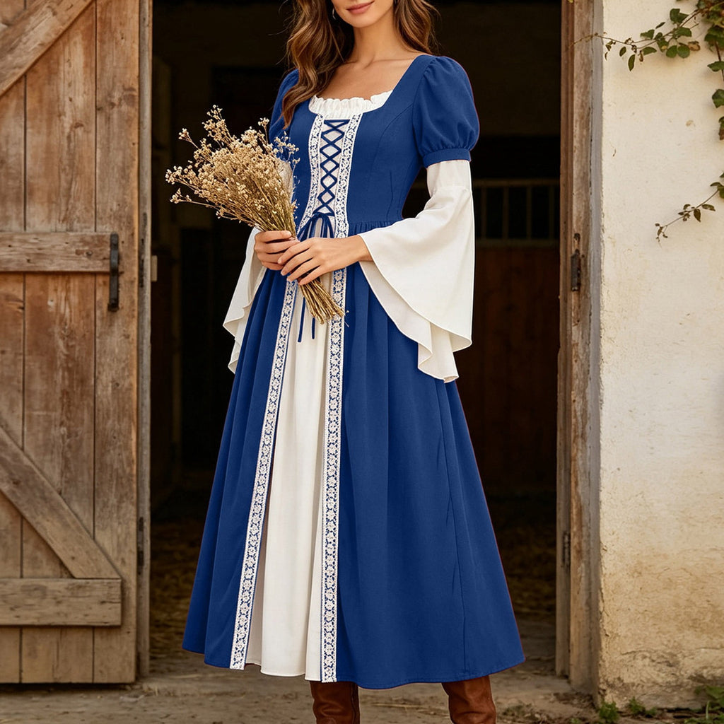 Hurxie Renaissance Costume Women Peasant Medieval Dress Maxi Fairy Dresses with Bell Sleeve Vintage Ren Faire Outfit